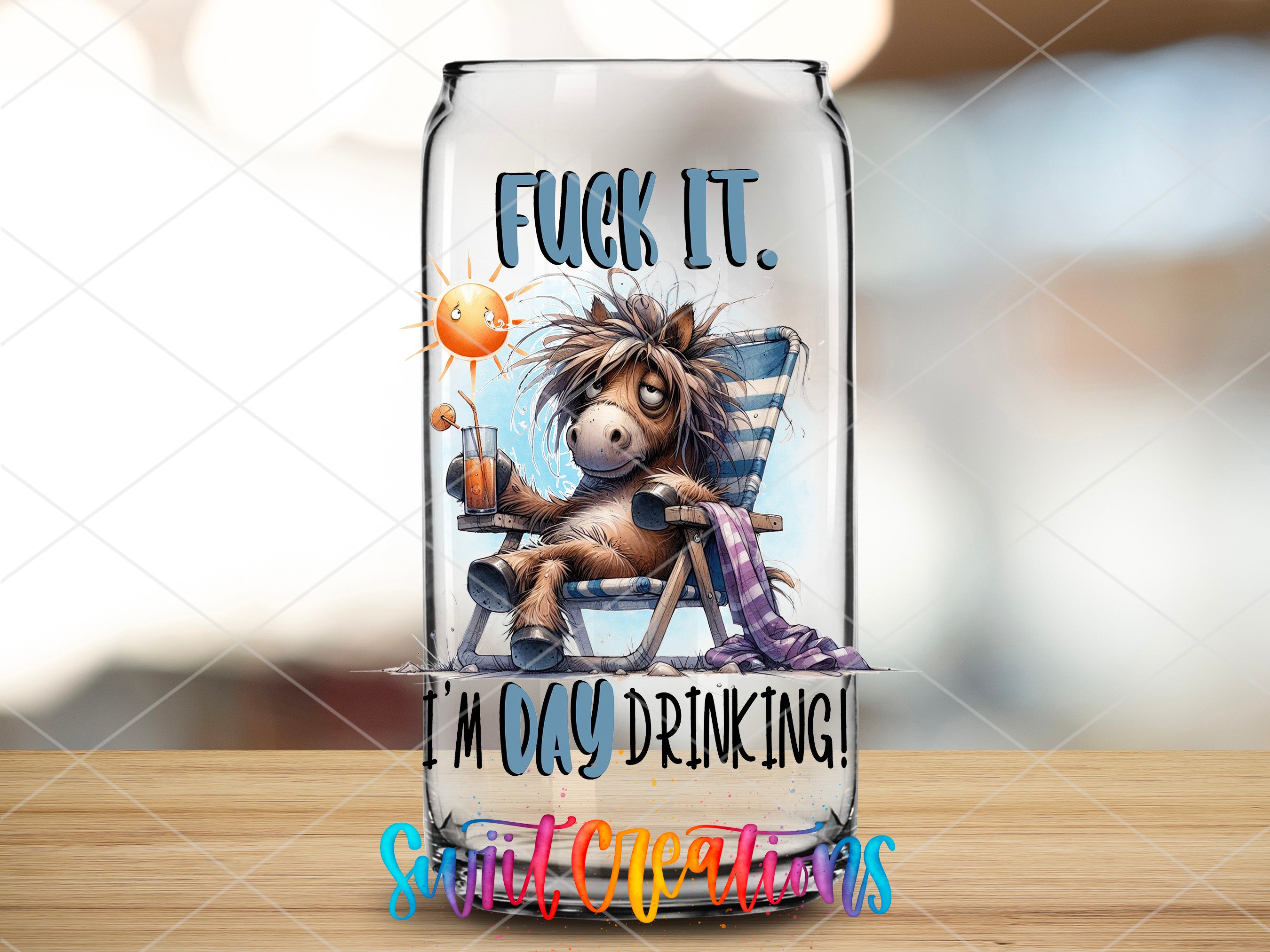 a glass jar with a picture of a troll sitting on a beach chair