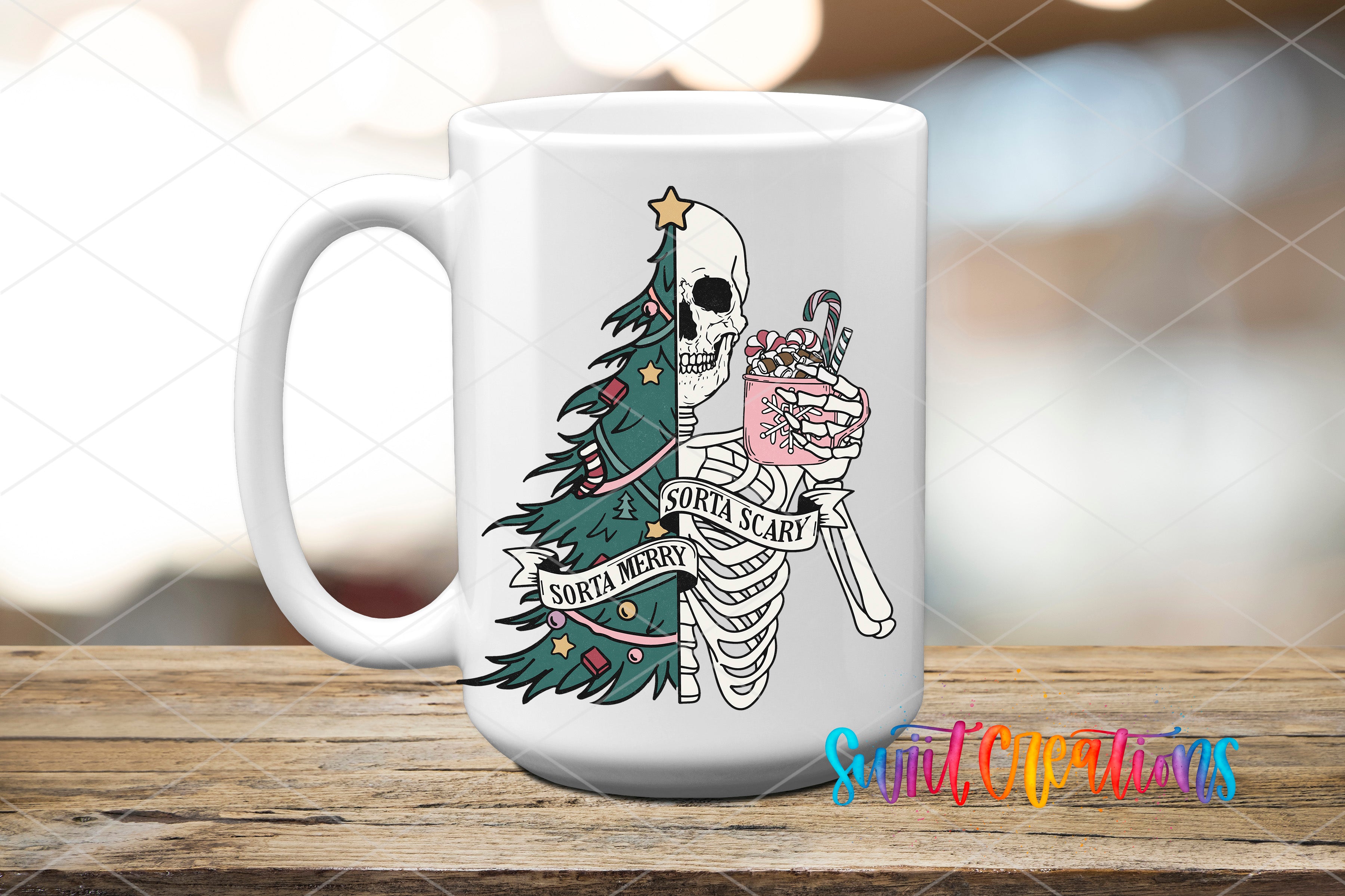 A white ceramic mug with a Christmas tree design and a skeleton holding a mug with a "SORTA SCARY" message printed on it.