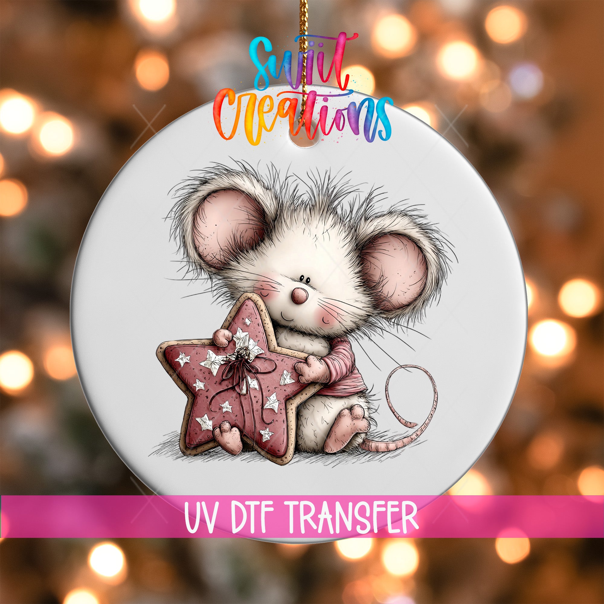 A white ornament with a cute cartoon mouse holding a star-shaped cookie.