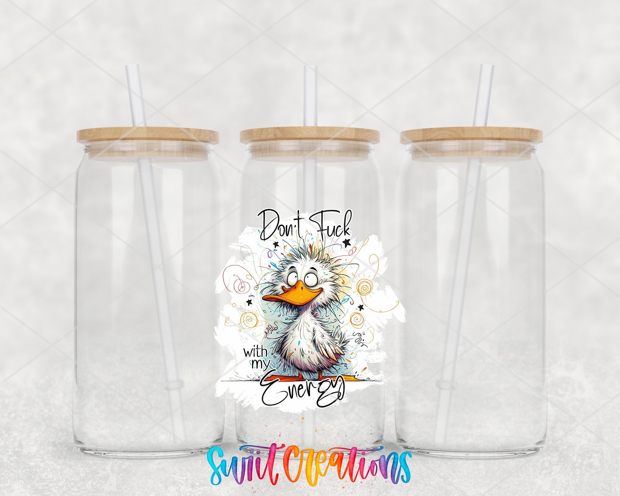 two clear tumblers with a picture of a bird on them
