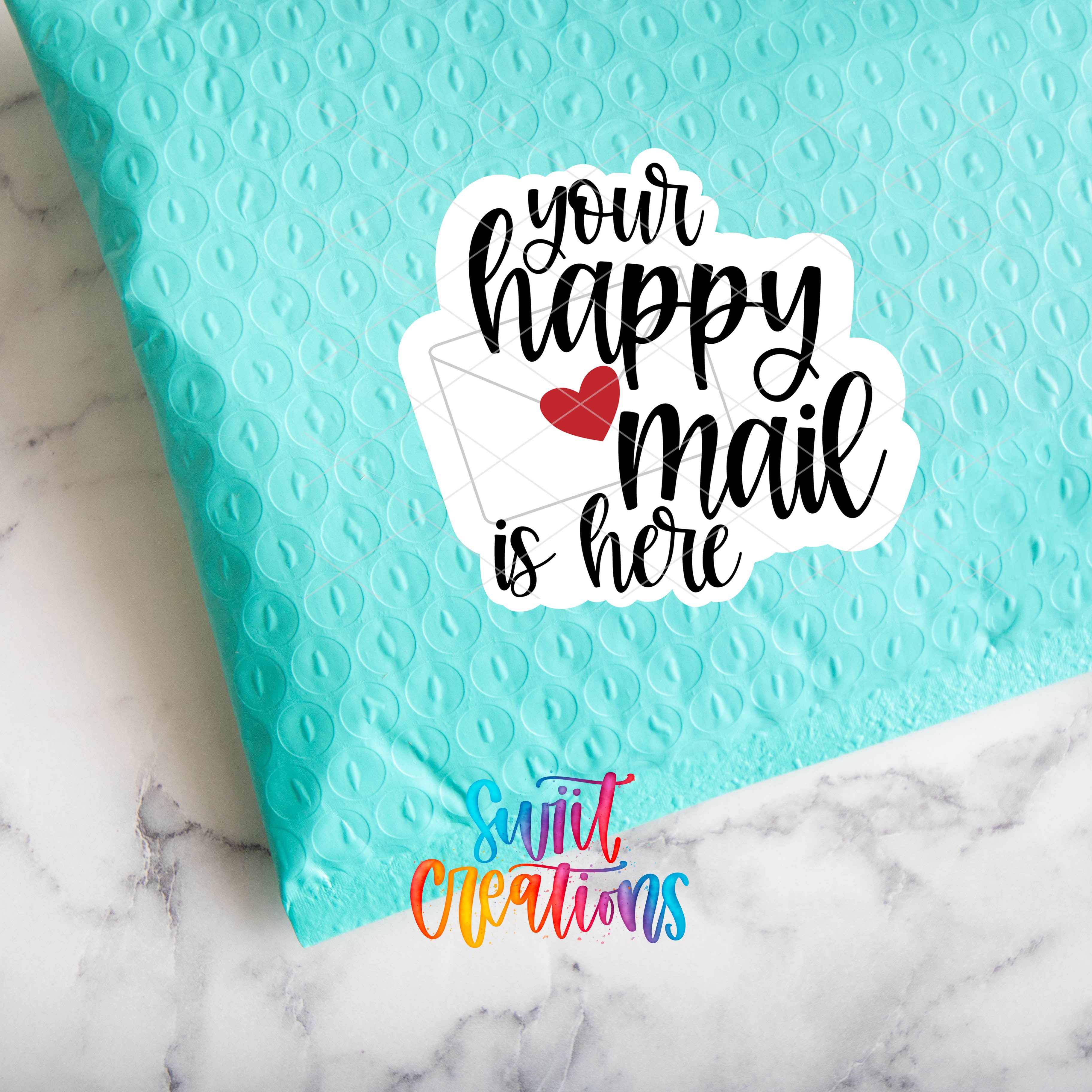 a blue envelope with the words your happy mail is here on it