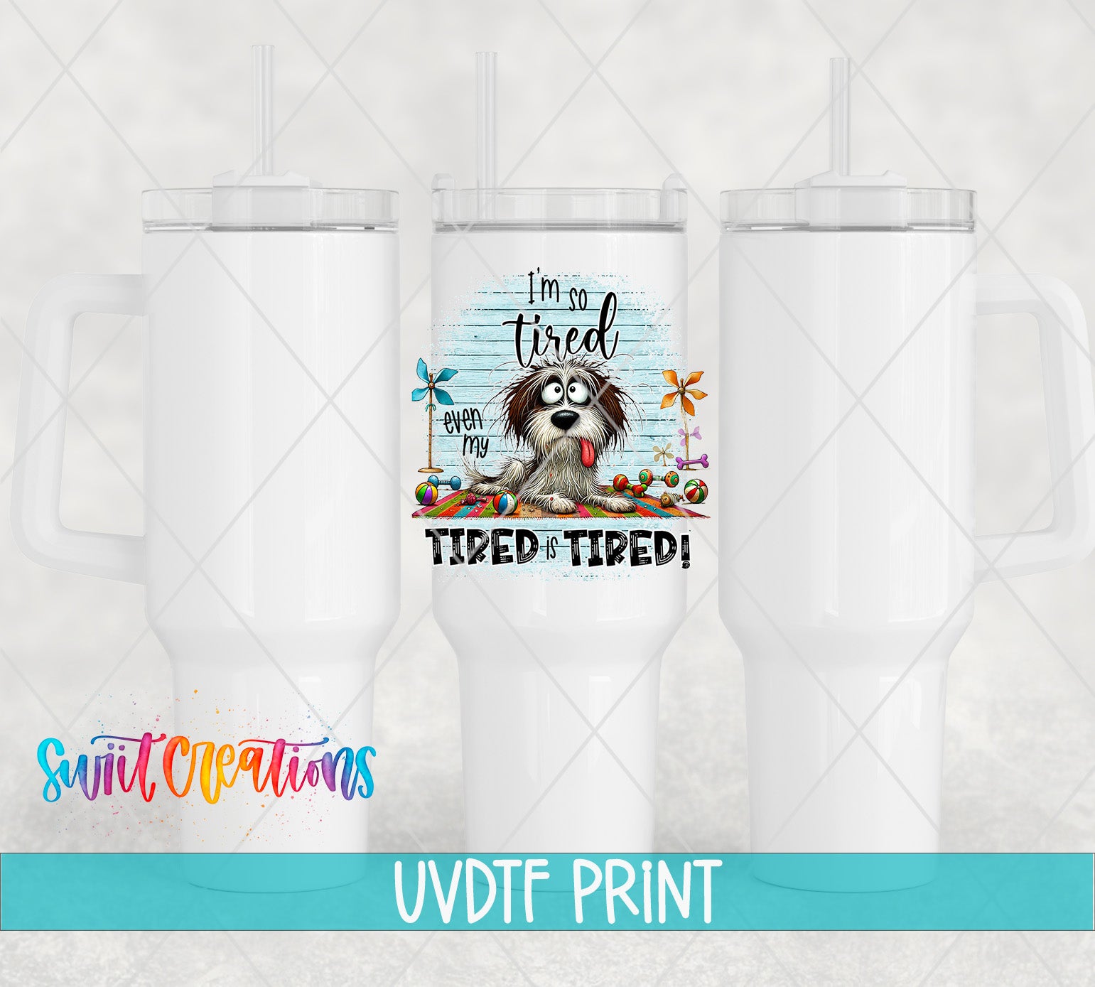 a set of three tumbles with a dog on them