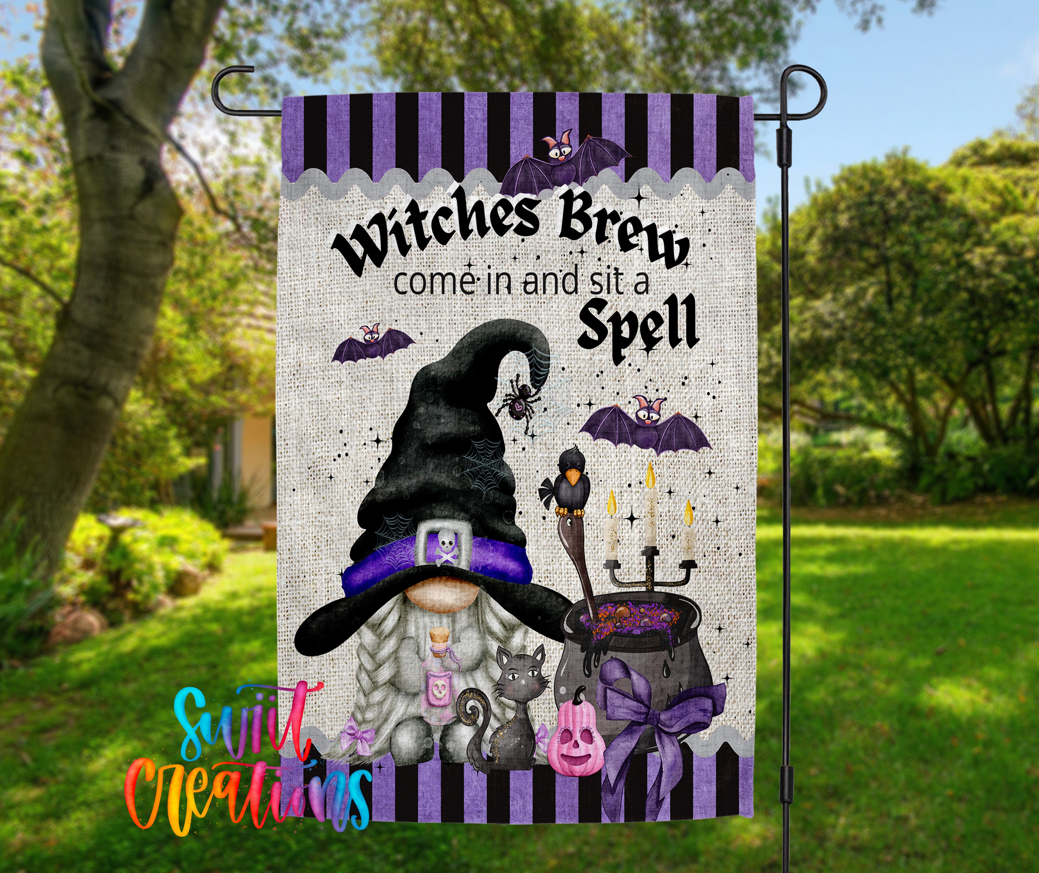 A garden flag featuring a whimsical illustration of a gnome wearing a witch's hat, surrounded by various Halloween-themed elements such as bats, a cauldron, and a cat.