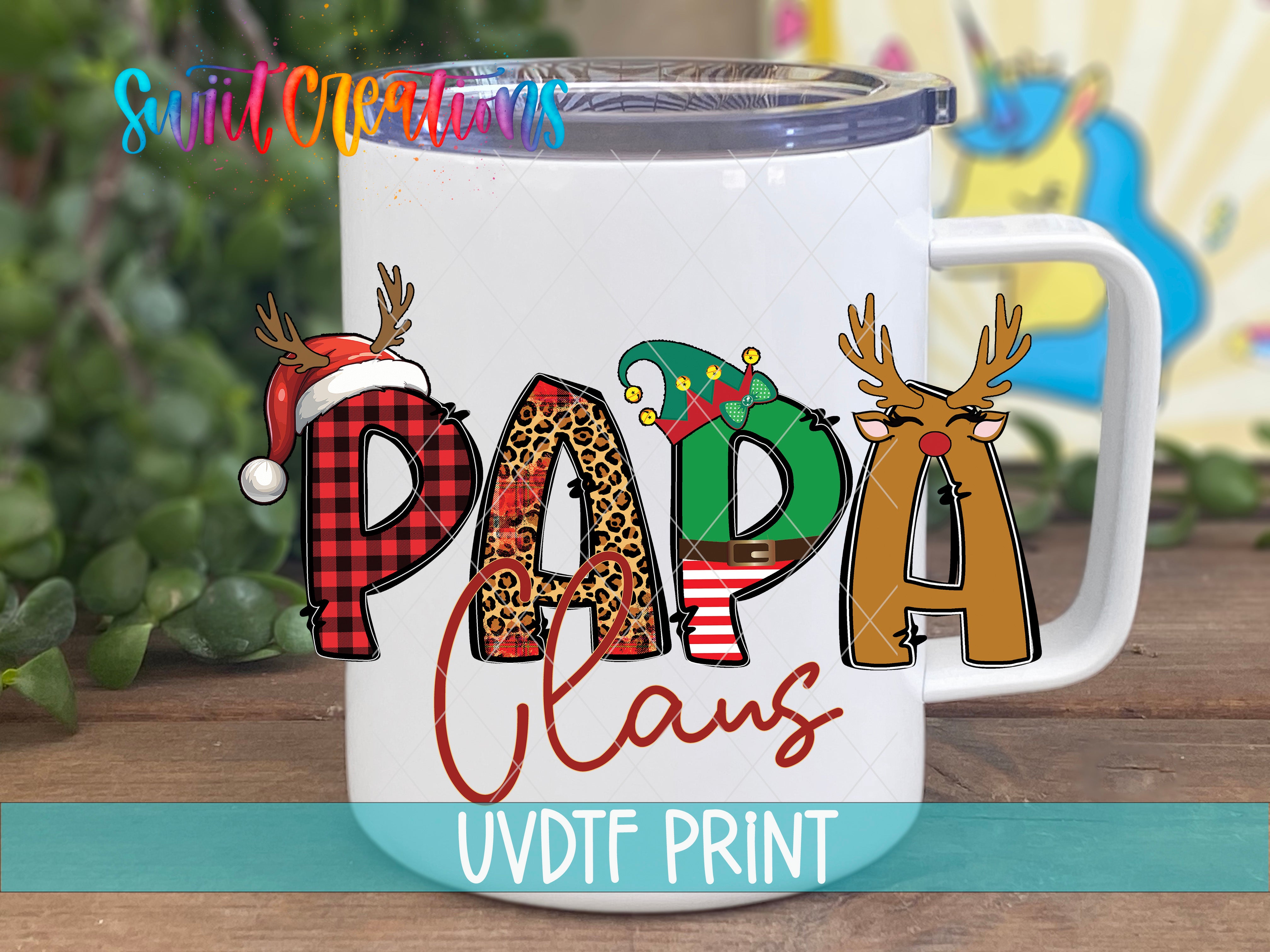 a white coffee mug with the word papa claus on it
