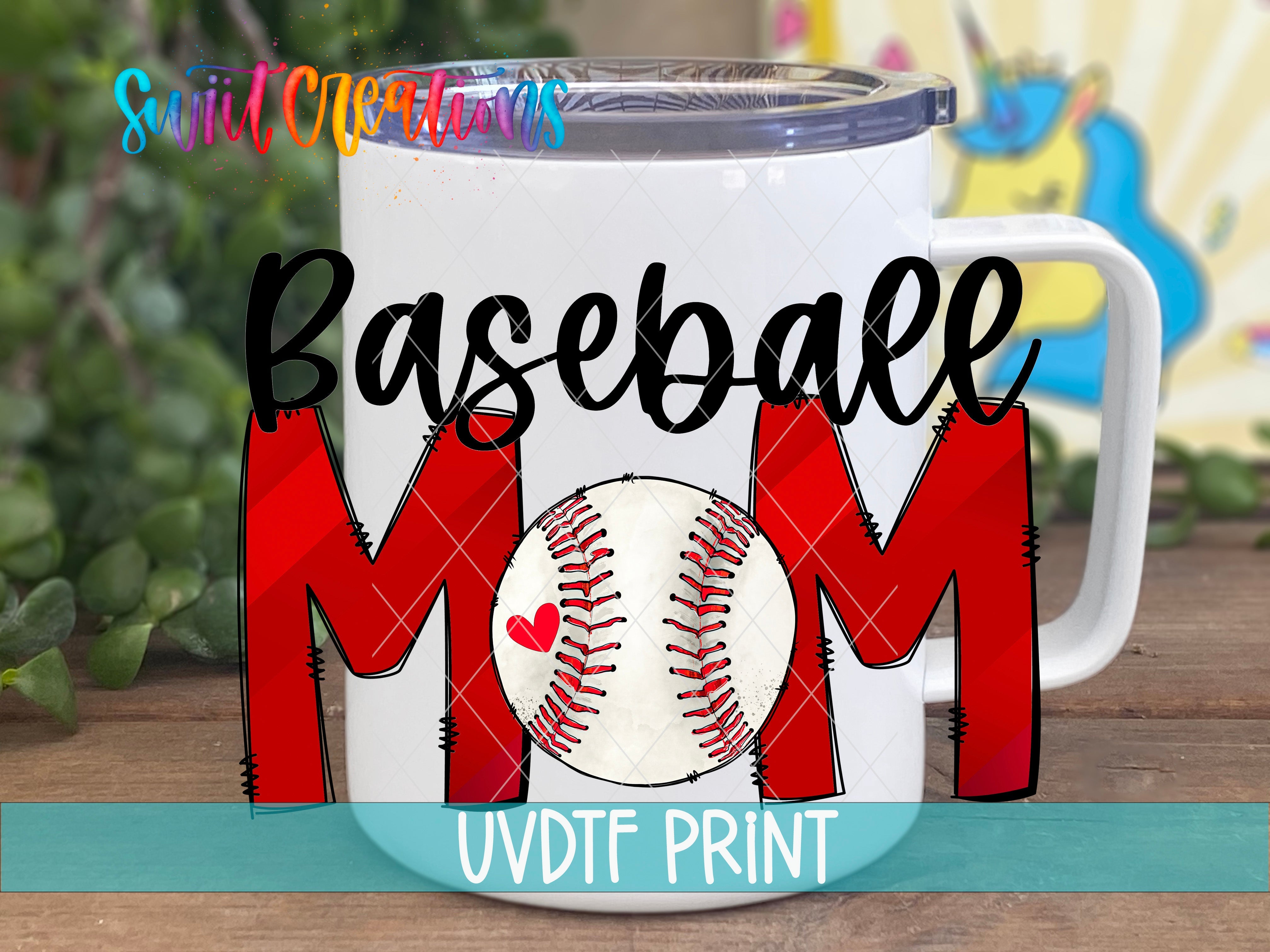 a white coffee mug with a baseball mom on it