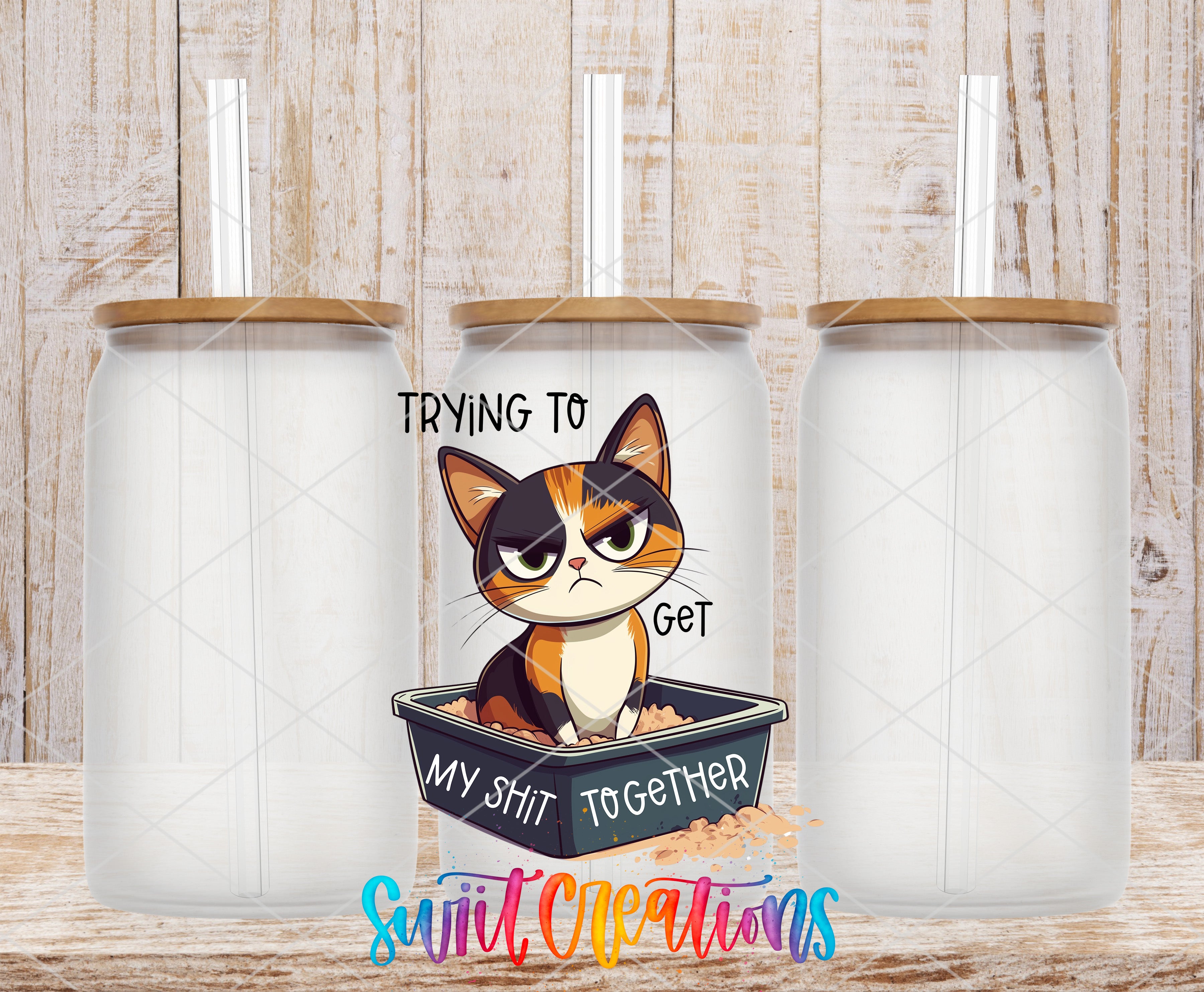 a cartoon cat sitting in a black container with the text "MY SHIT TOGETHER" written on it. The cat appears to be looking sad or angry. The background is a wooden surface with a textured appearance.