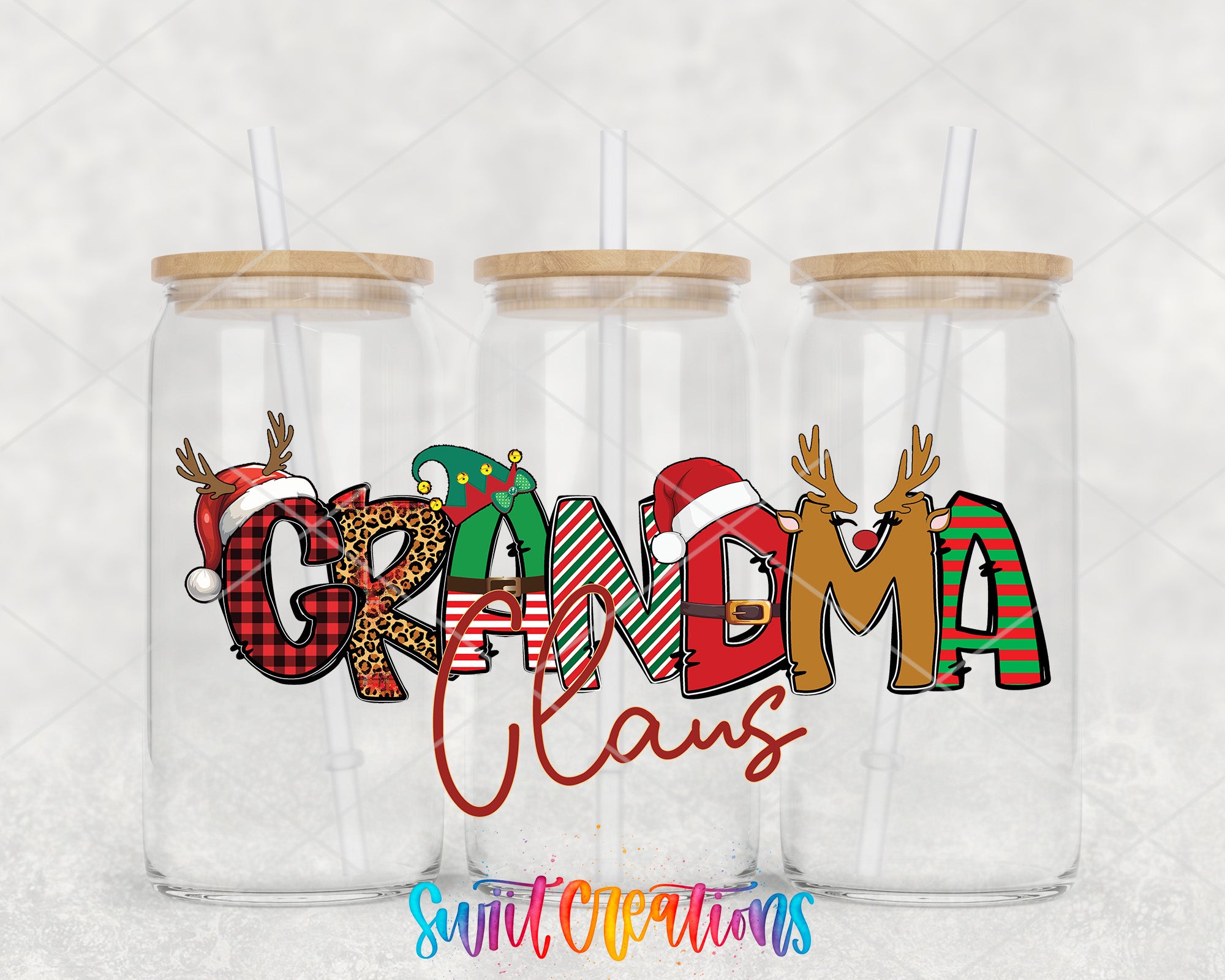two glass tumblers with the word grandma claus on them