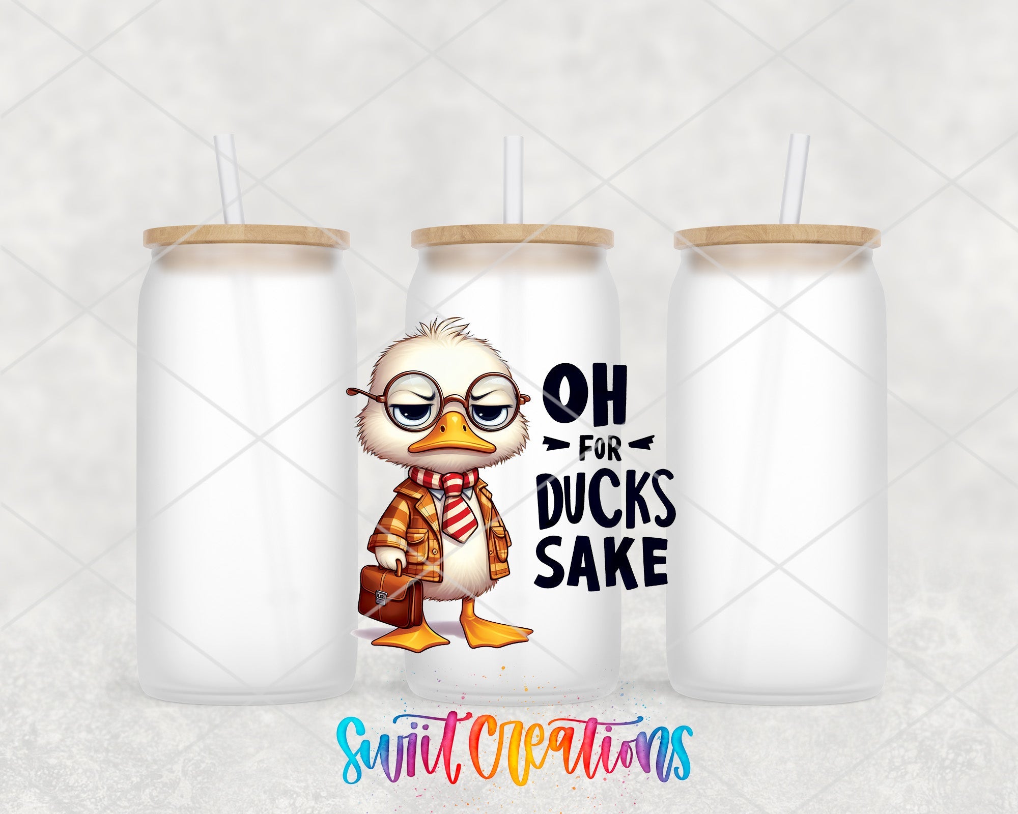 a couple of white cups with a cartoon duck on them