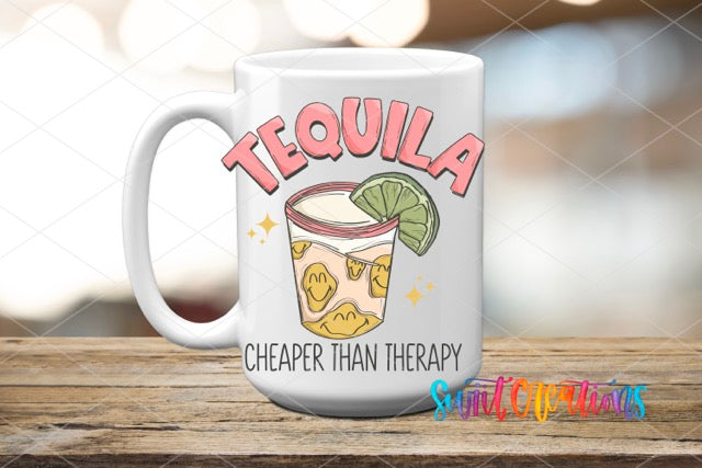 a white coffee mug with tequila on it
