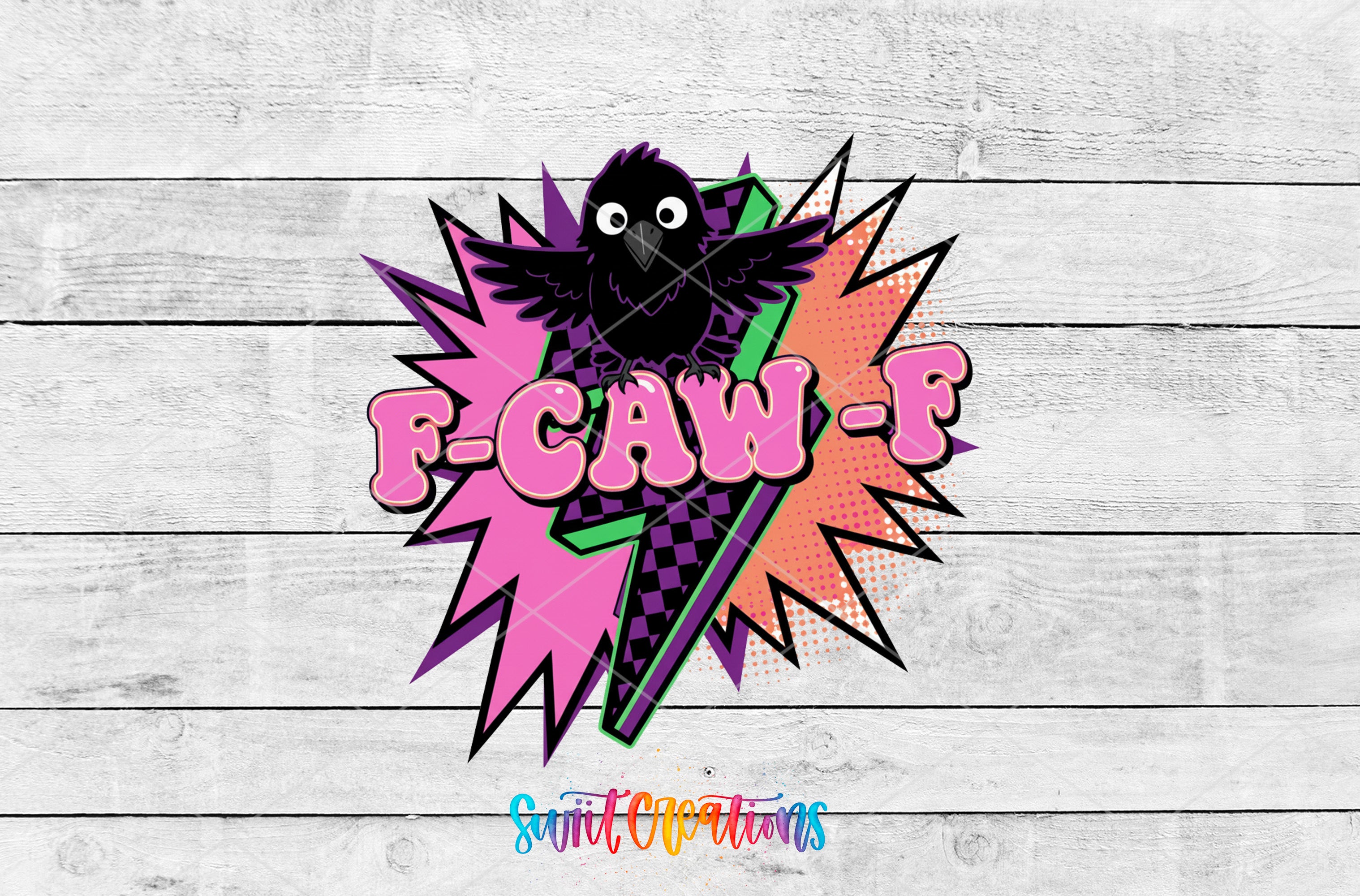 a colorful and stylized logo with a bird and a lightning bolt, set against a white wooden background.