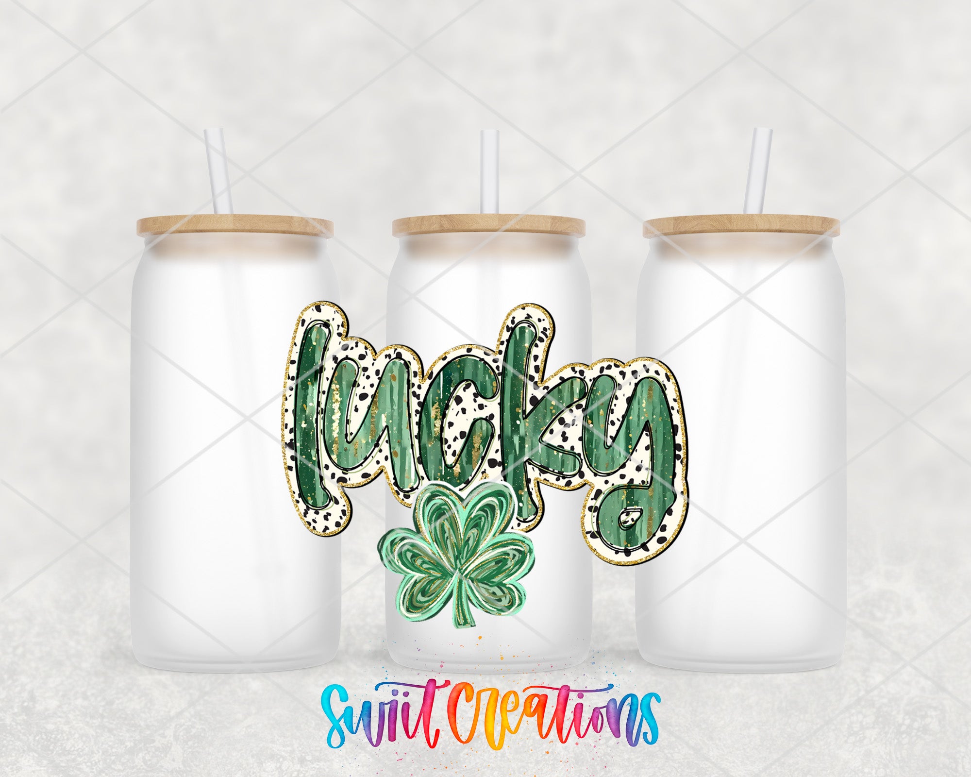 three white mason jars with green lettering and a shamrock