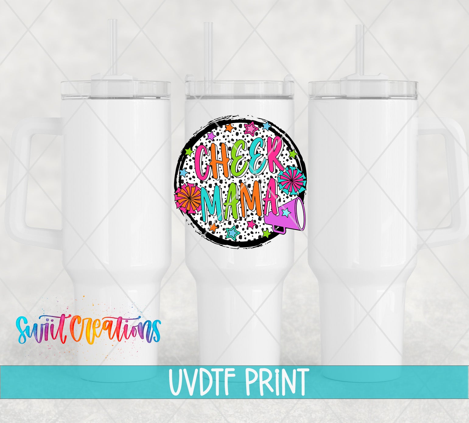 three white tumblers with a colorful design on the front, including a circular logo with the text "CHECK MAMA" and various colorful elements.