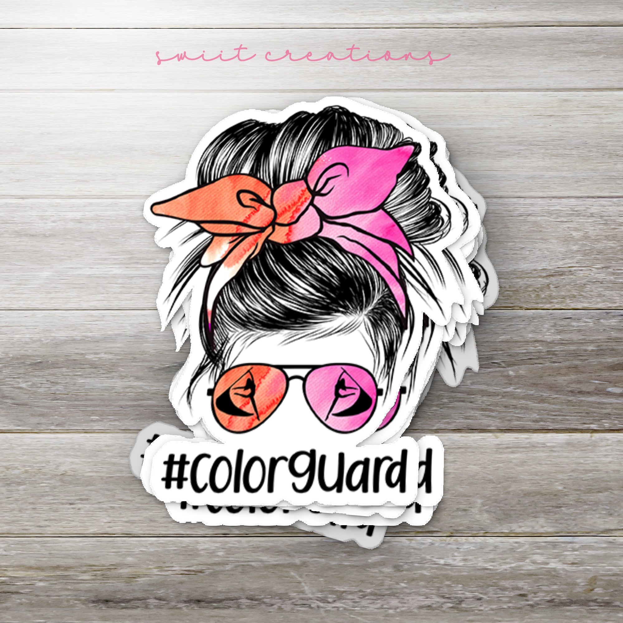 a sticker of a woman with a pink bow on her head