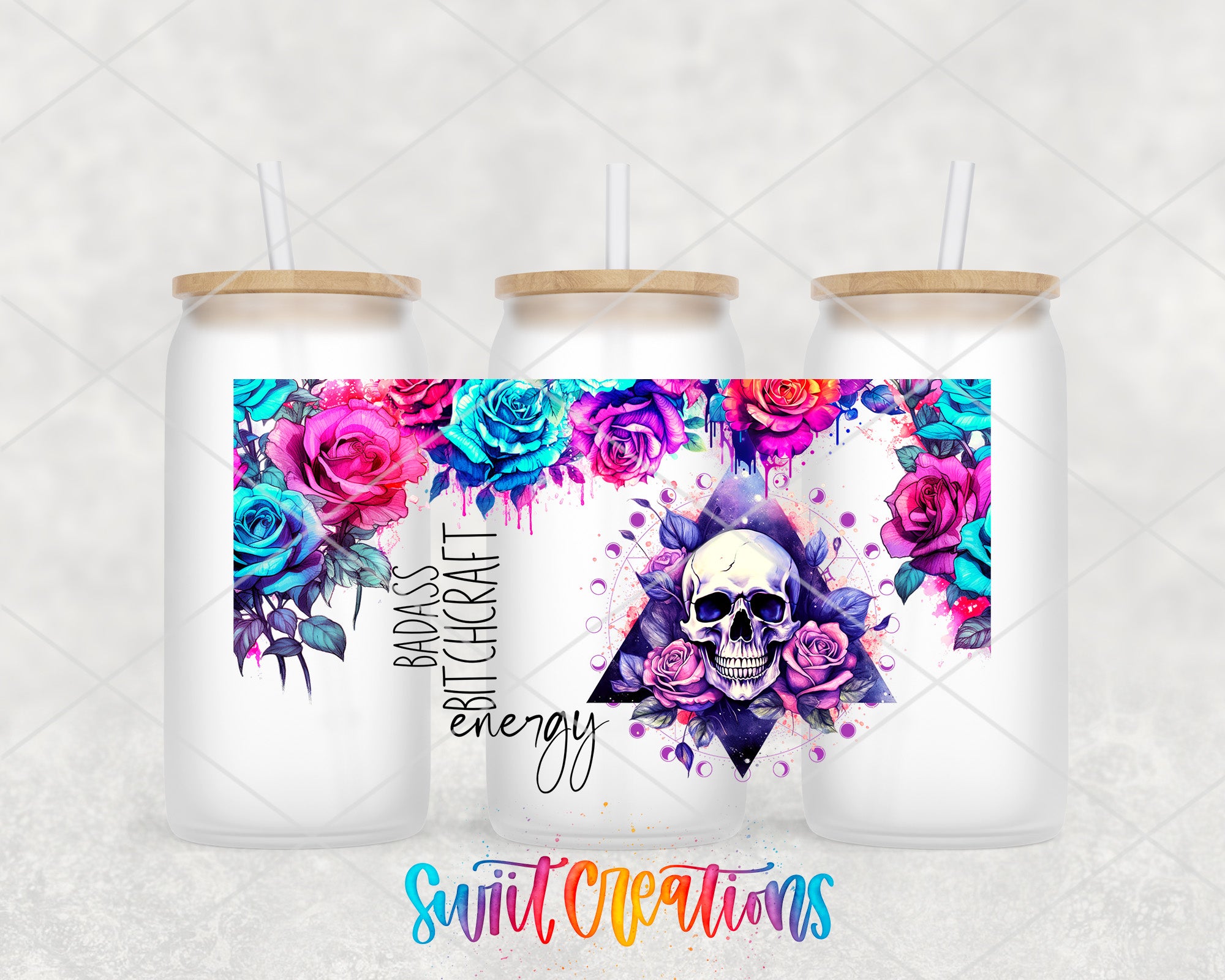 A colorful and artistic design featuring a skull surrounded by flowers and the text "Badass energy" against a white background.