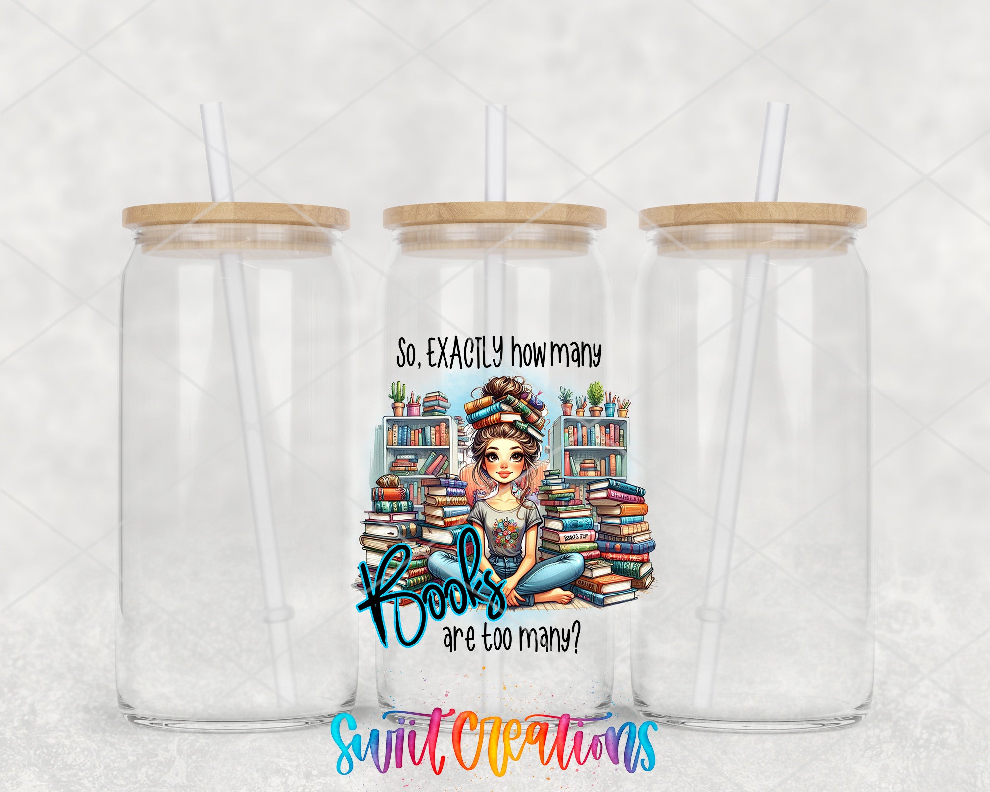 two clear tumblers with a picture of a girl reading a book