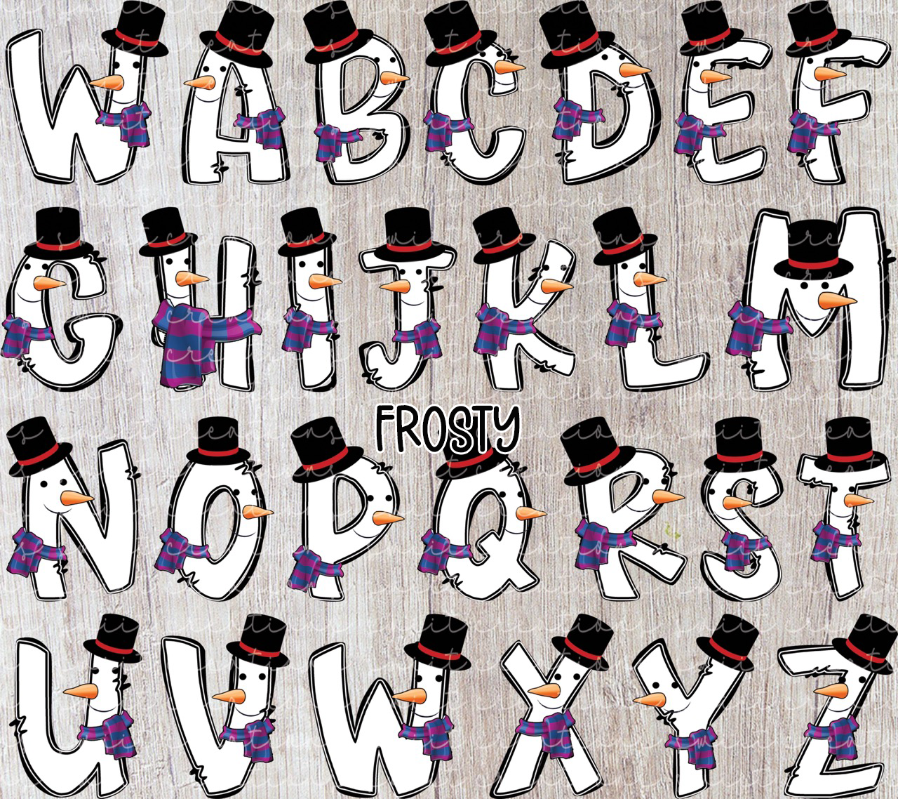 a collection of snowman-like characters representing the alphabet, with each character wearing a top hat and scarf. The characters are arranged in a grid-like pattern, creating a visually appealing and playful design.