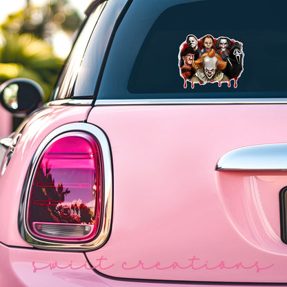 Horror Movie Villains sticker on the back window of a pink car
