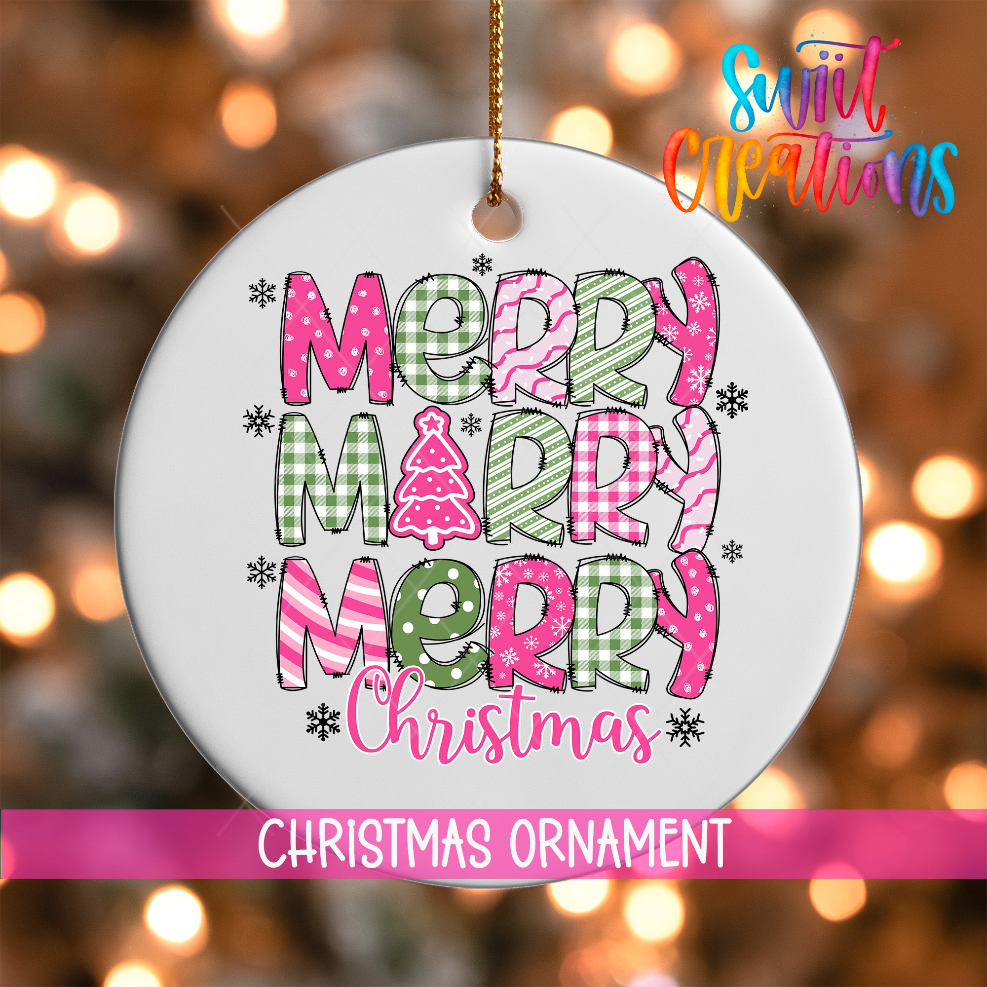 A white Christmas ornament with the text "MERRY MERRY MERRY CHRISTMAS" in pink and green colors, surrounded by snowflakes.