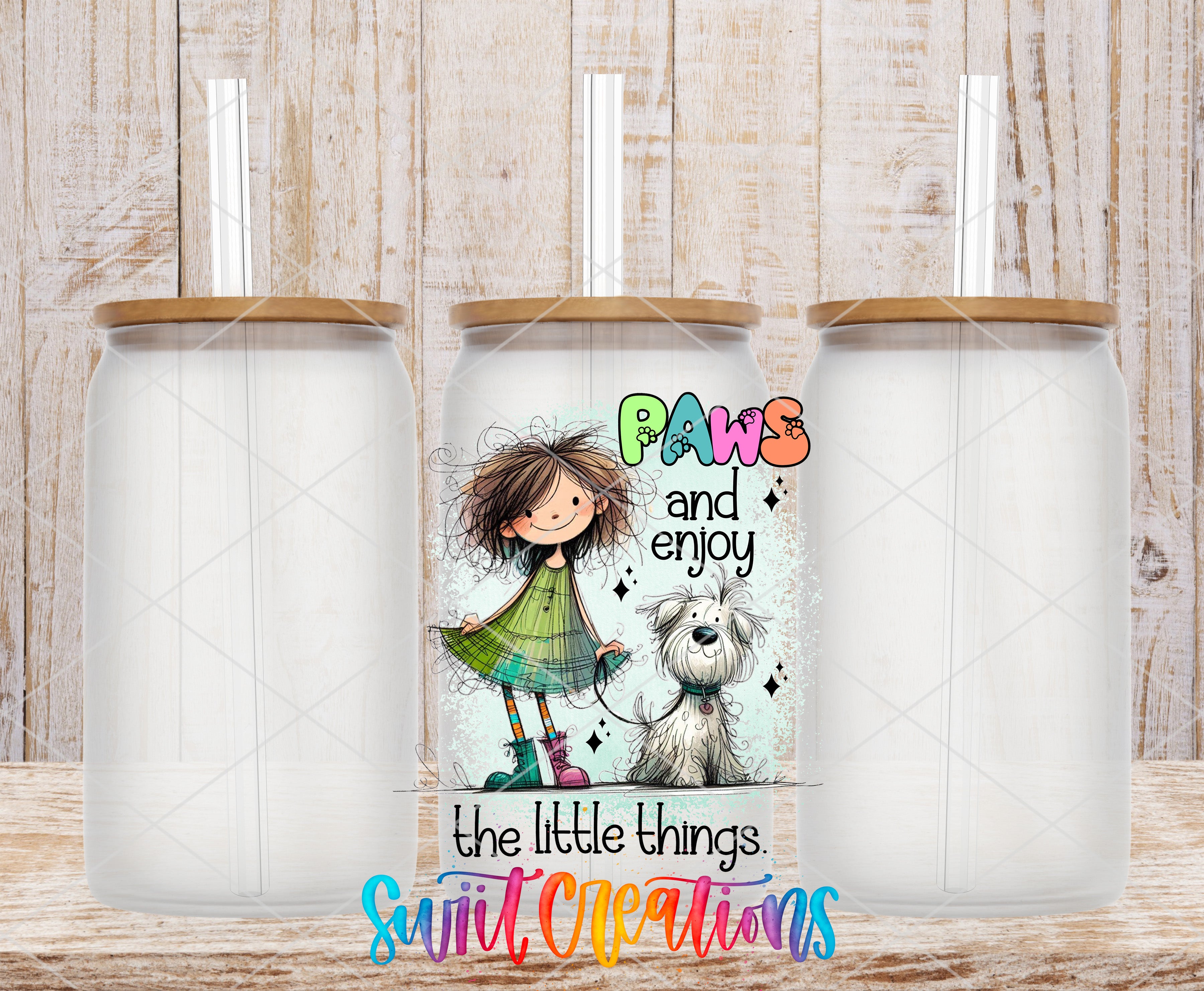 three glass jars with straws, each containing a different illustration. The central jar has a cartoon girl and a dog, and the text "Paws and enjoy the little things" is displayed on the jar.