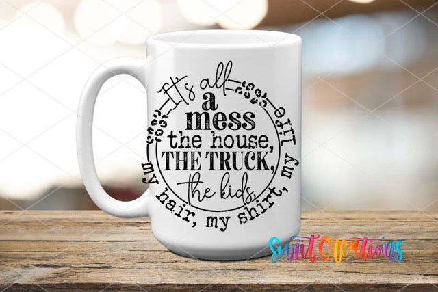 a white coffee mug with a black lettering on it