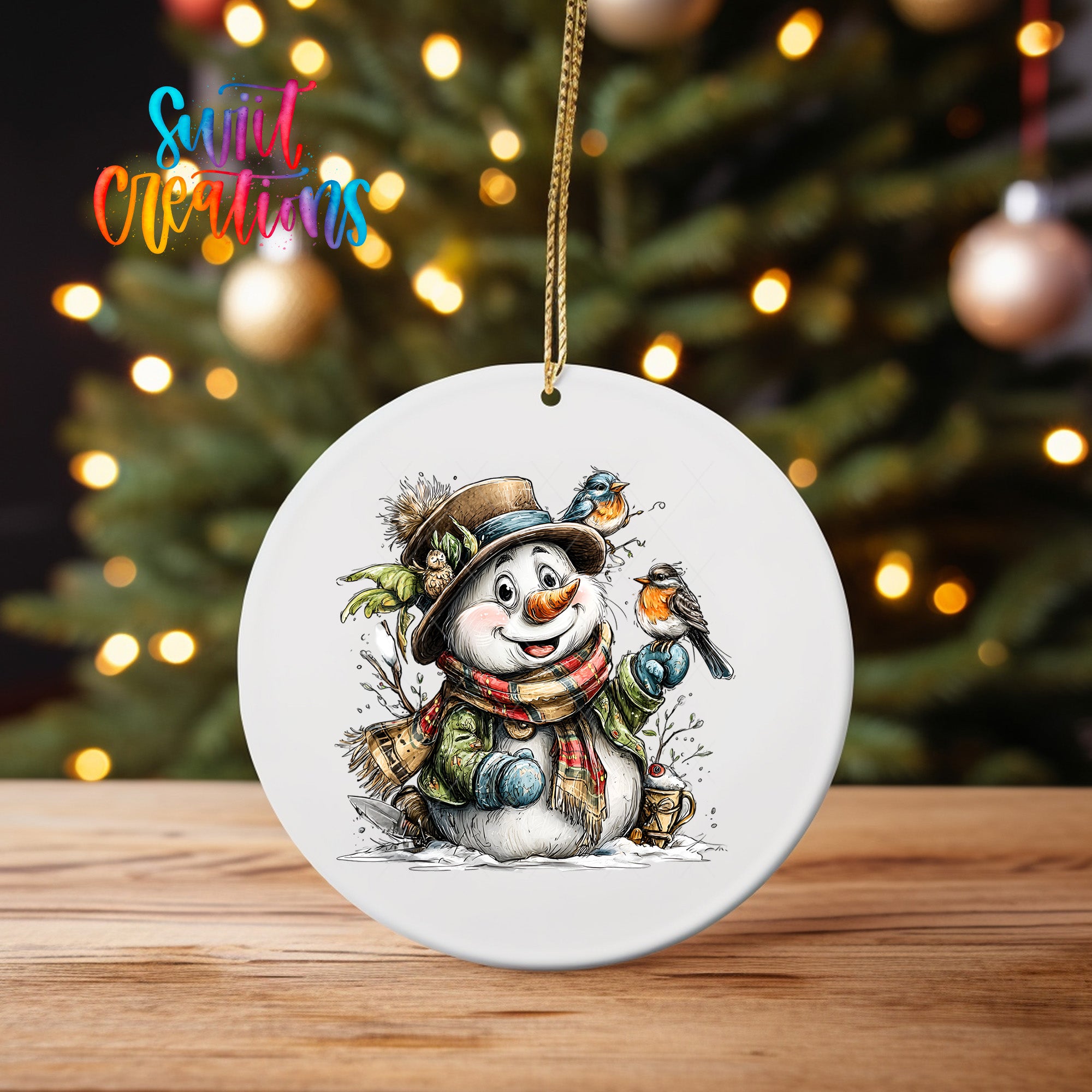A white ceramic ornament featuring a snowman with a bird perched on its arm, set against a blurred background of Christmas lights.