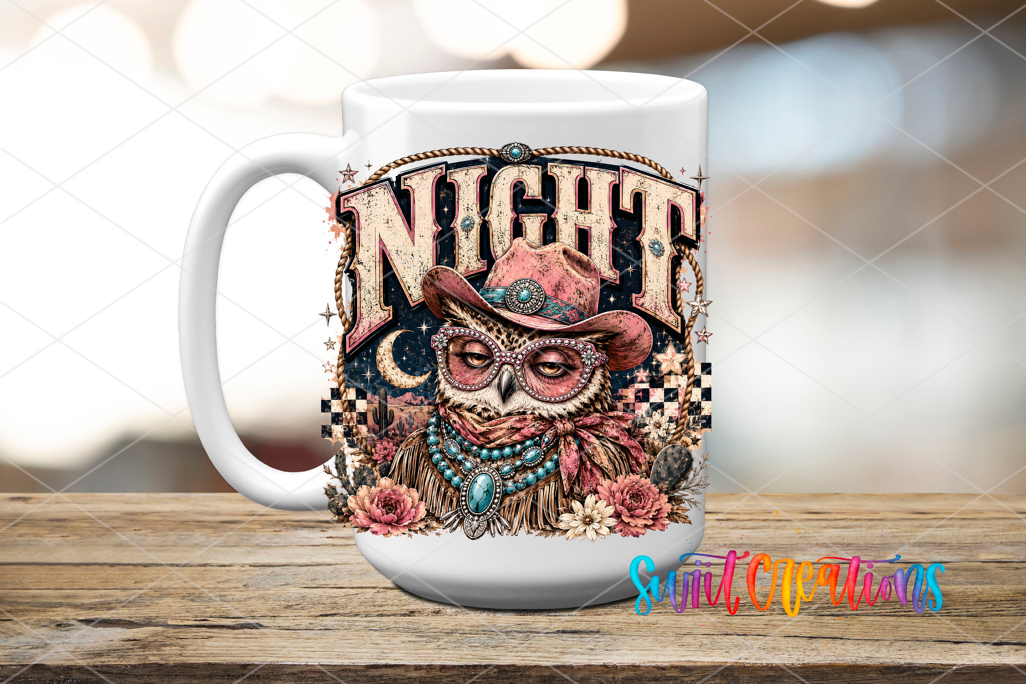 A white ceramic mug with a colorful and intricate design featuring an owl wearing a hat and surrounded by flowers and other decorative elements.