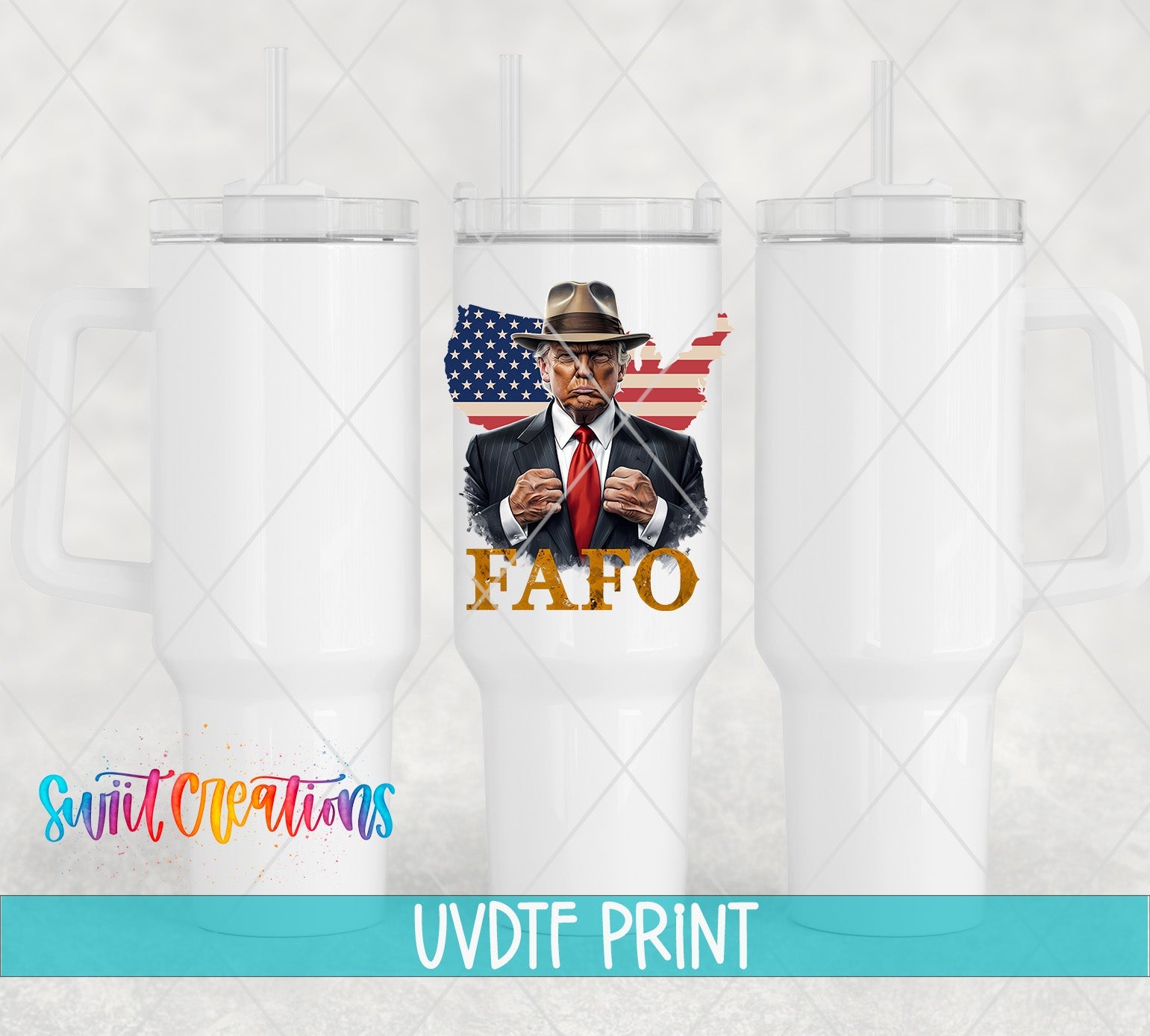 a photo of a man in a suit and tie on a white tumbler cup