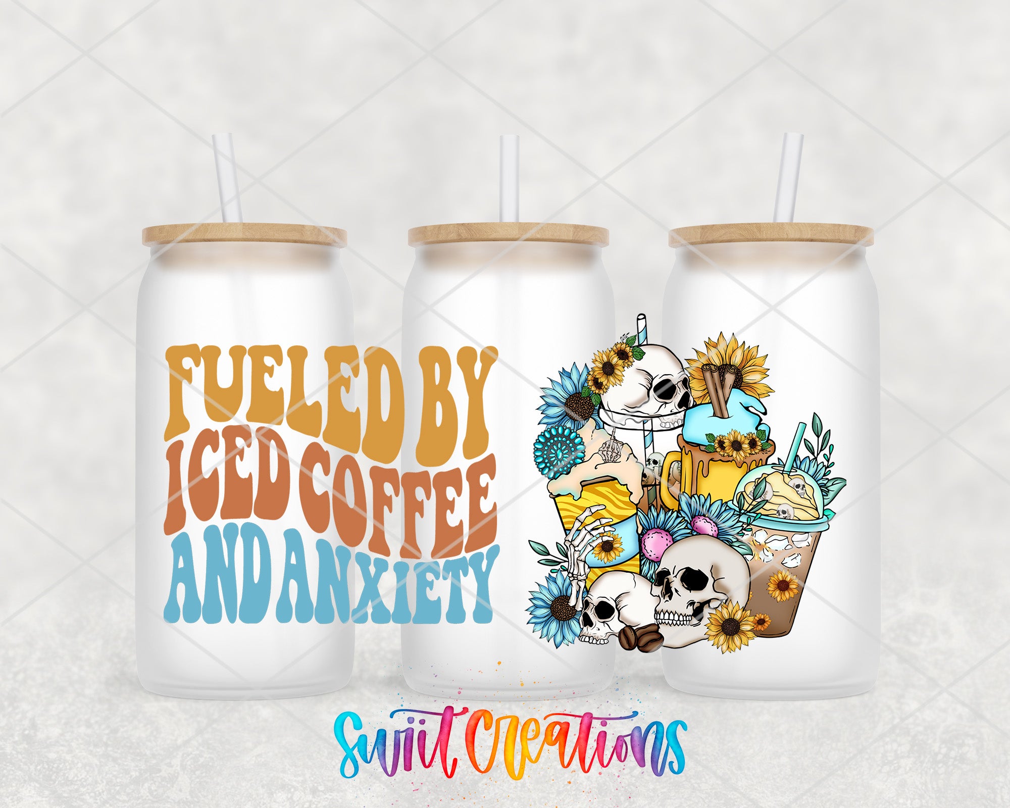 three glass tumblers with colorful designs and text on them.