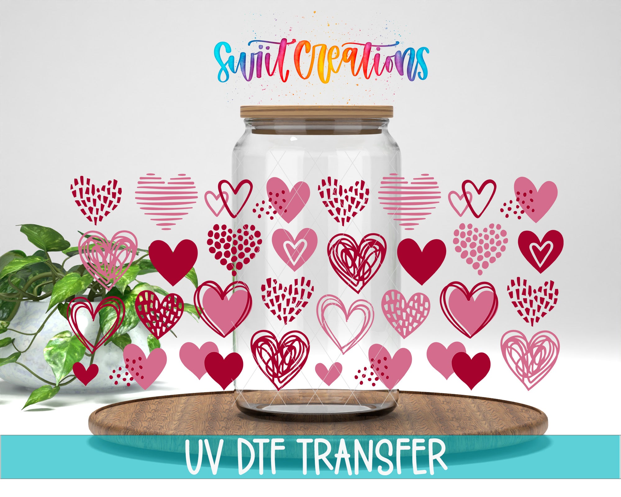 a clear glass jar with a wooden lid, surrounded by a pattern of hearts and hearts with various designs, including polka dots and swirls. The text "Swift Creations" is written above the jar, and "UV Dtf Transfer" is written below it.