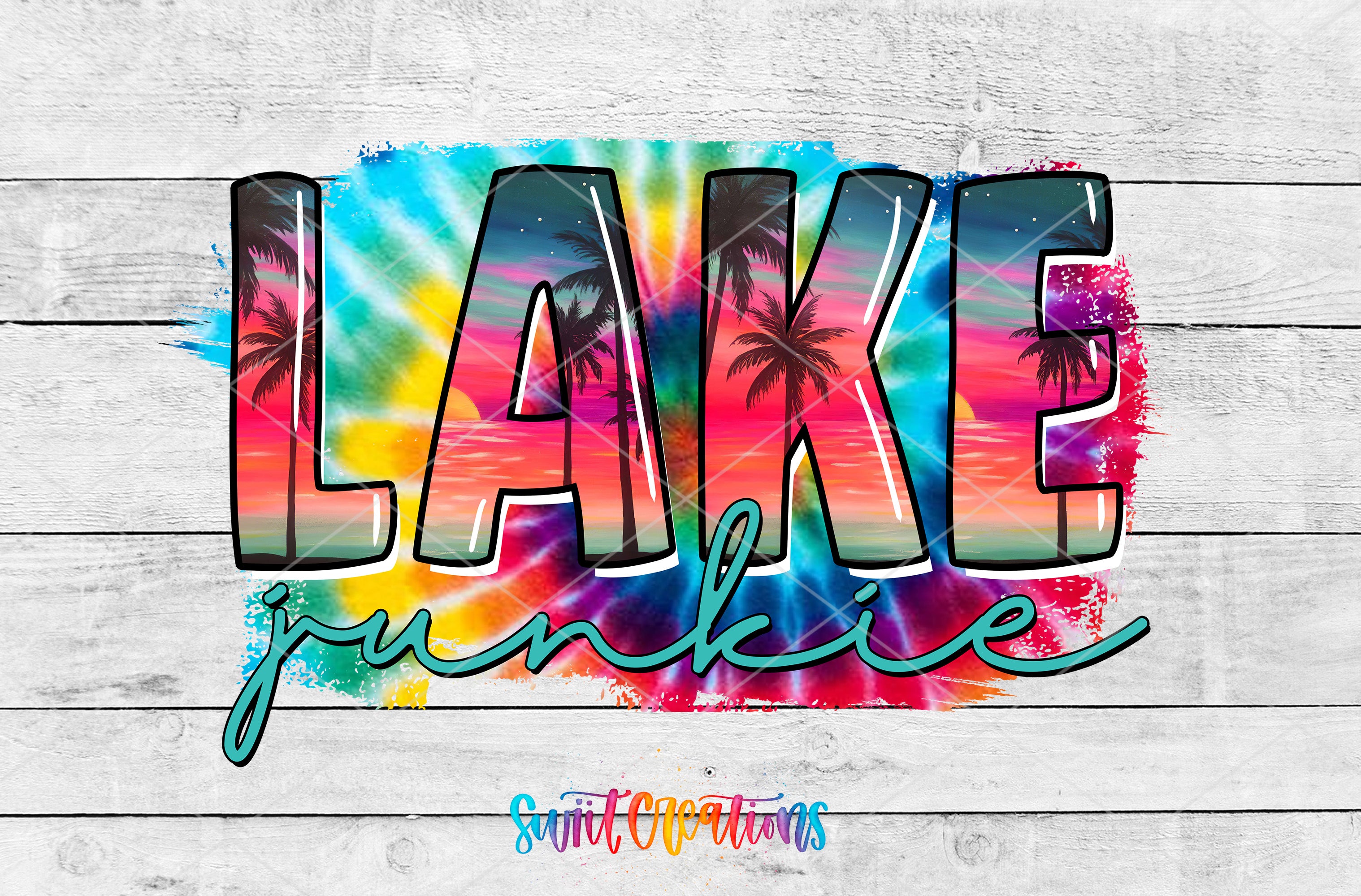 a colorful and vibrant design with the word "LAKES" prominently displayed in large, tie-dye letters. The background of the design is a mix of bright colors and patterns, creating a lively and eye-catching visual effect.