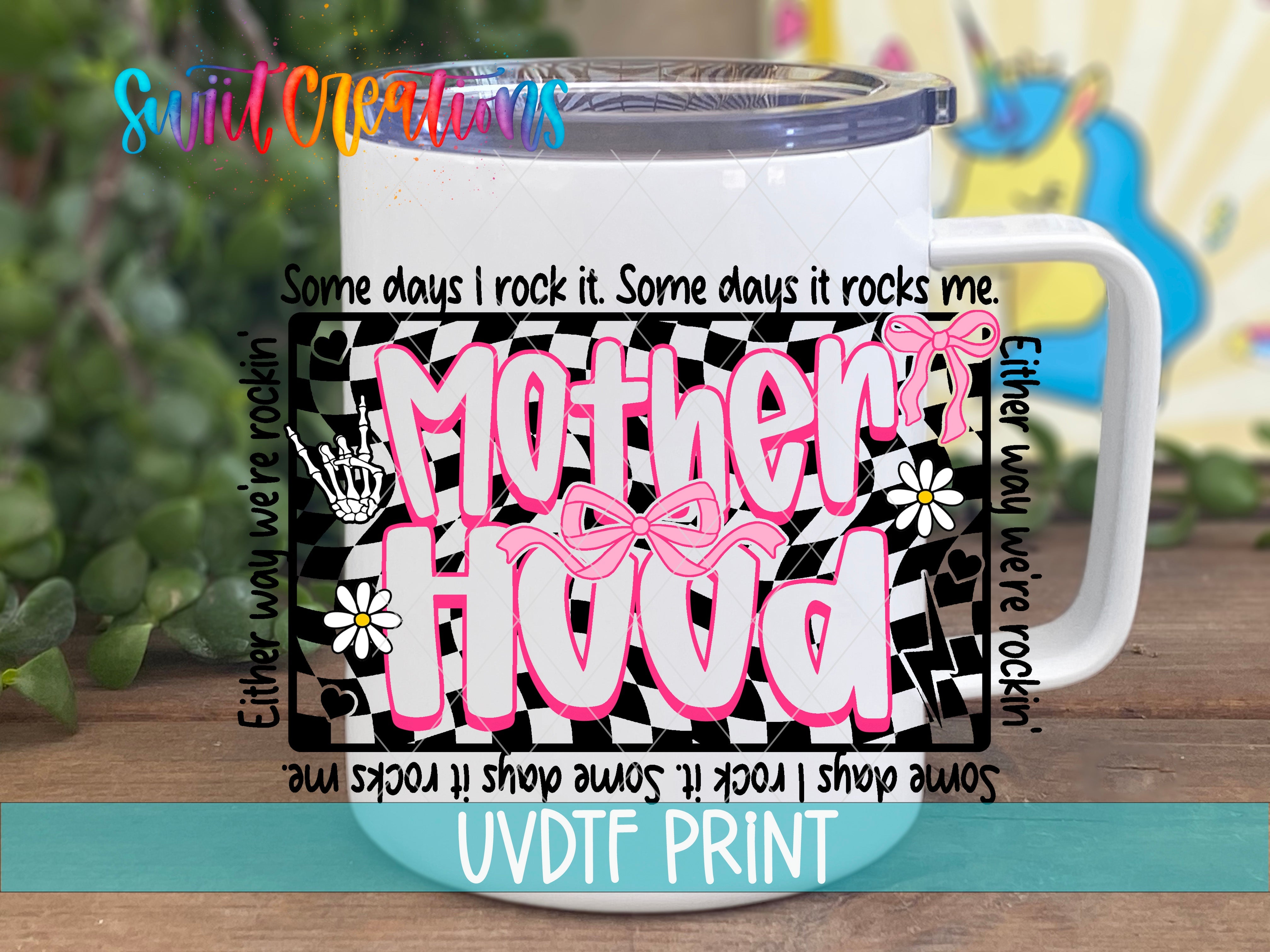 a coffee mug with the words motherhood printed on it
