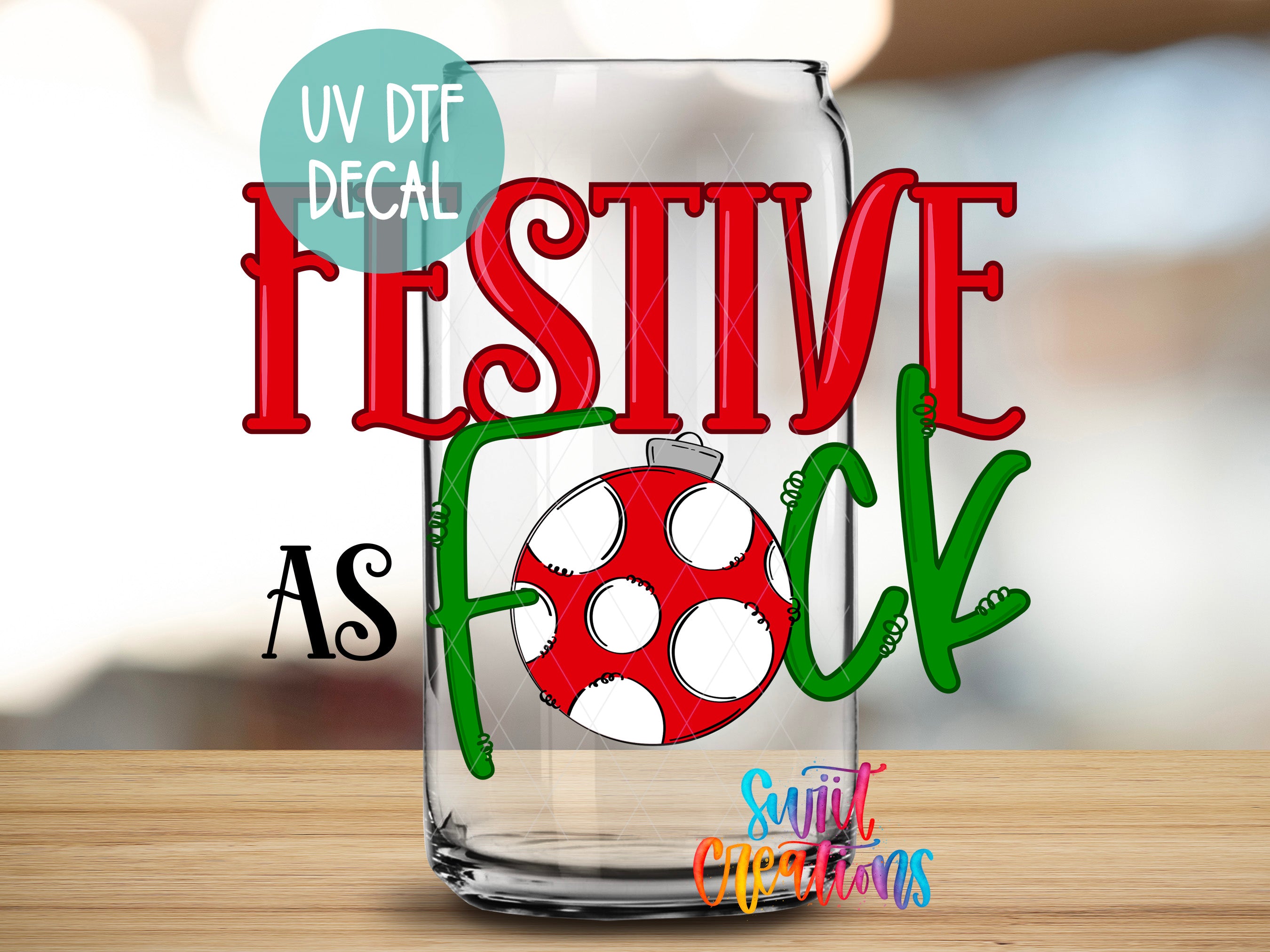 a glass can with a red and white polka dot design, and the text "FESTIVE FOCK" written on it.