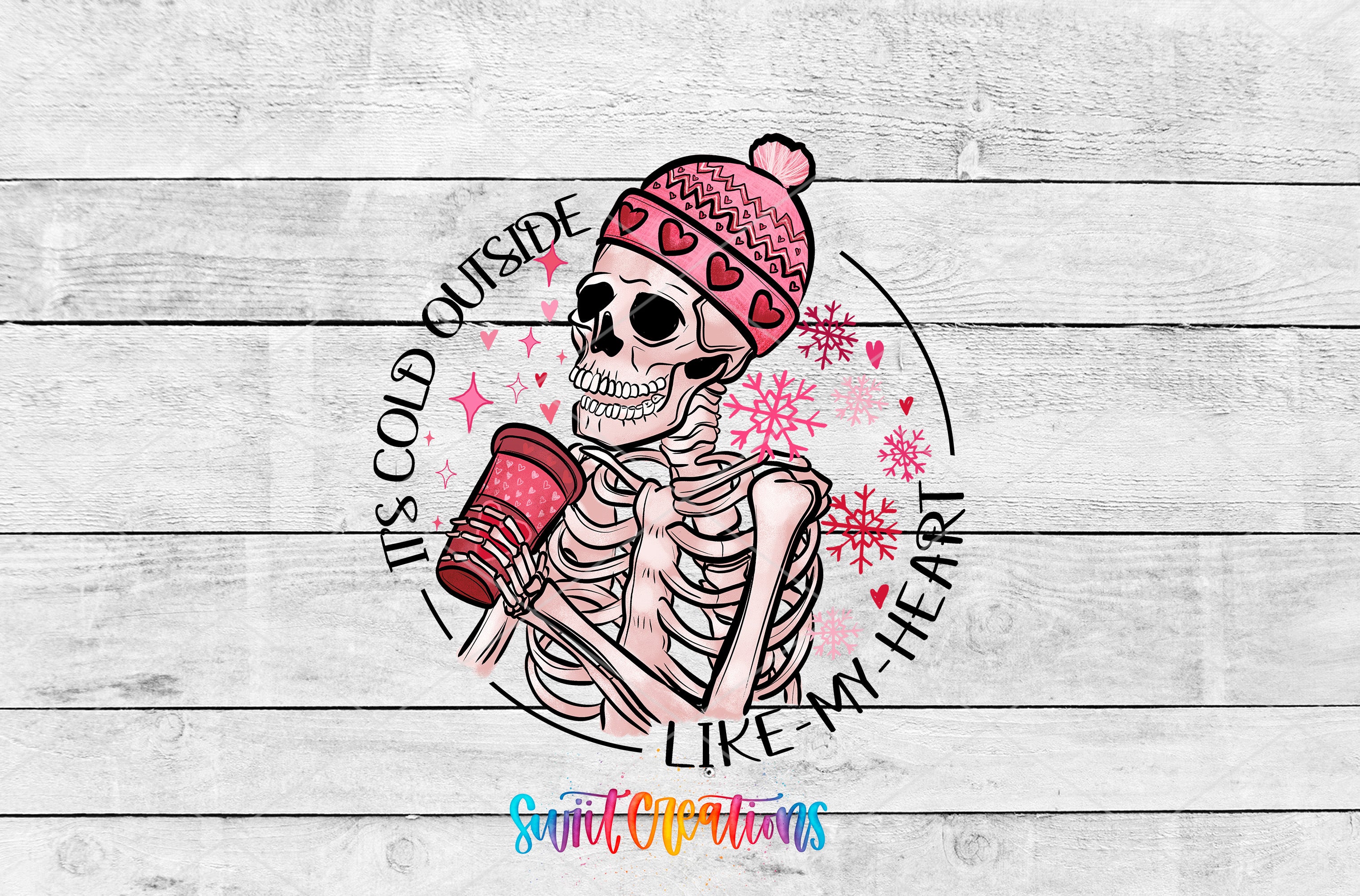 a skeleton with a knitted hat holding a cup of coffee