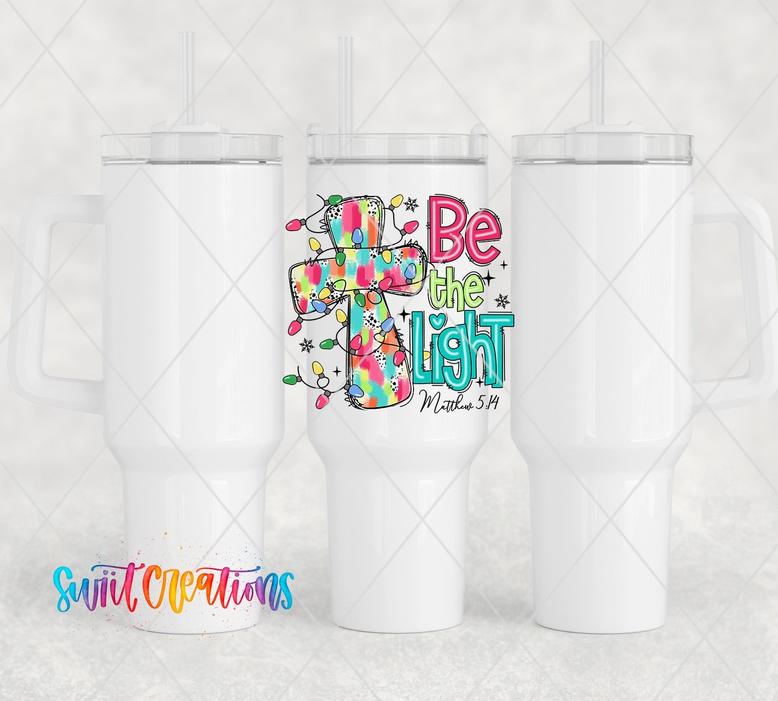 two white tumblers with the words be the light on them