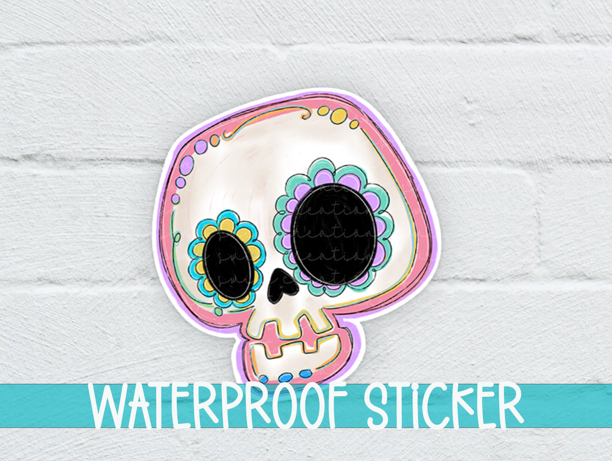 Pastel Sugar Skull sticker on a white brick background with a waterproof sticker banner