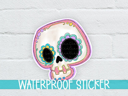 Pastel Sugar Skull sticker on a white brick background with a waterproof sticker banner