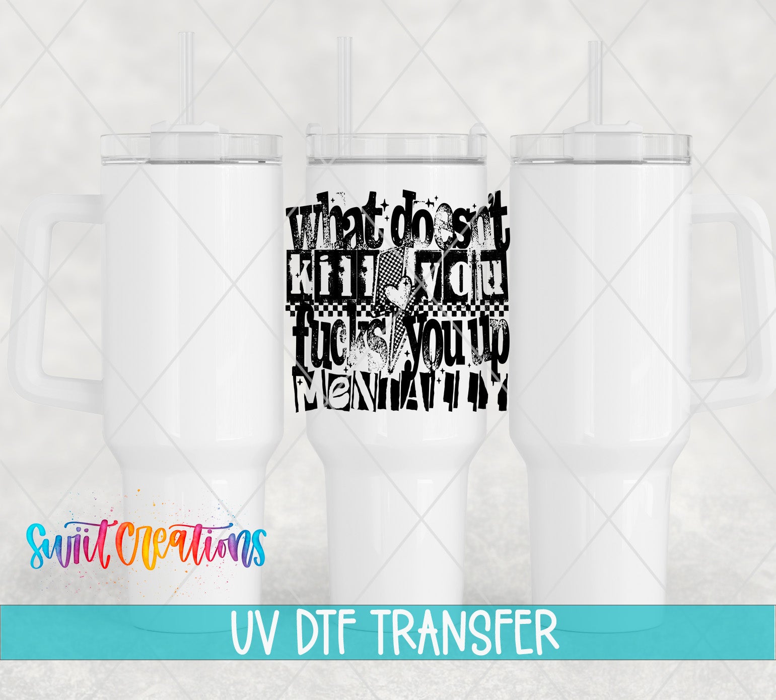 three white tumblers with a black and white graphic design on them.