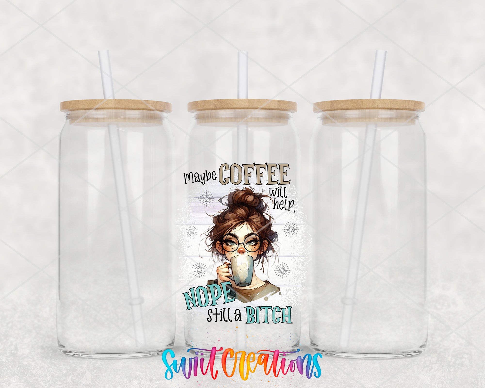 two plastic cups with lids and straws with a picture of a woman drinking coffee