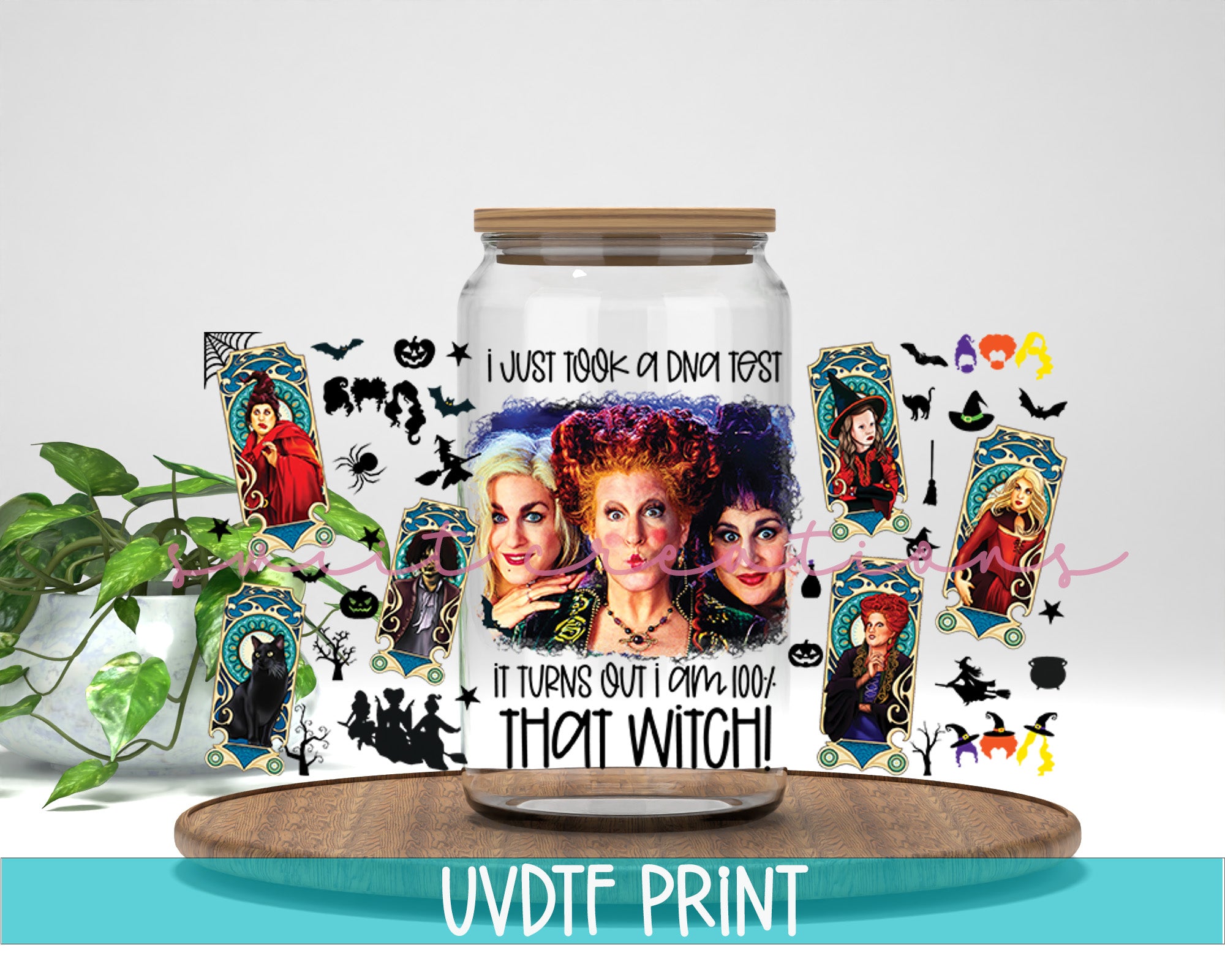 a glass jar with a picture of three witches on it