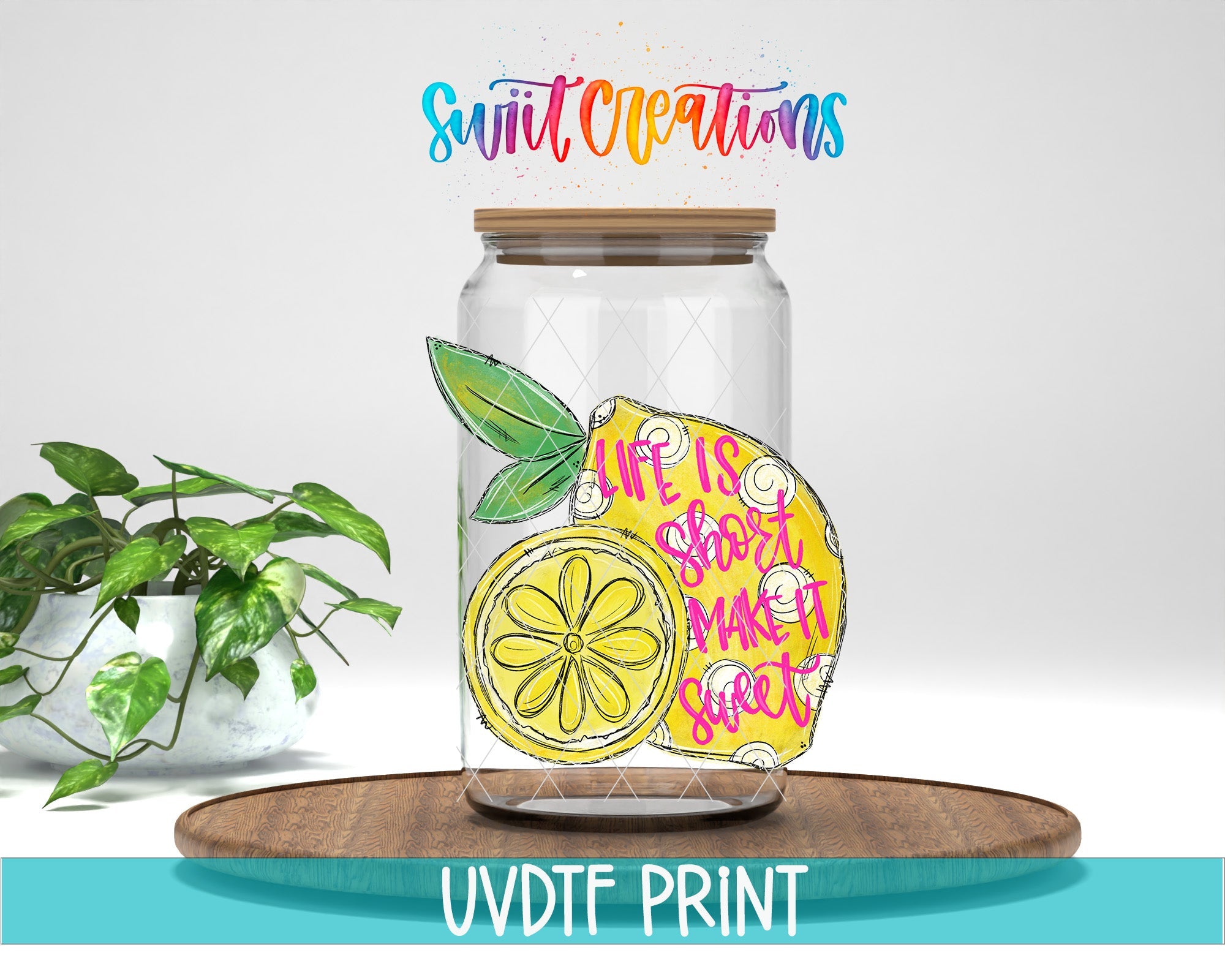 a glass jar with a lemon on it