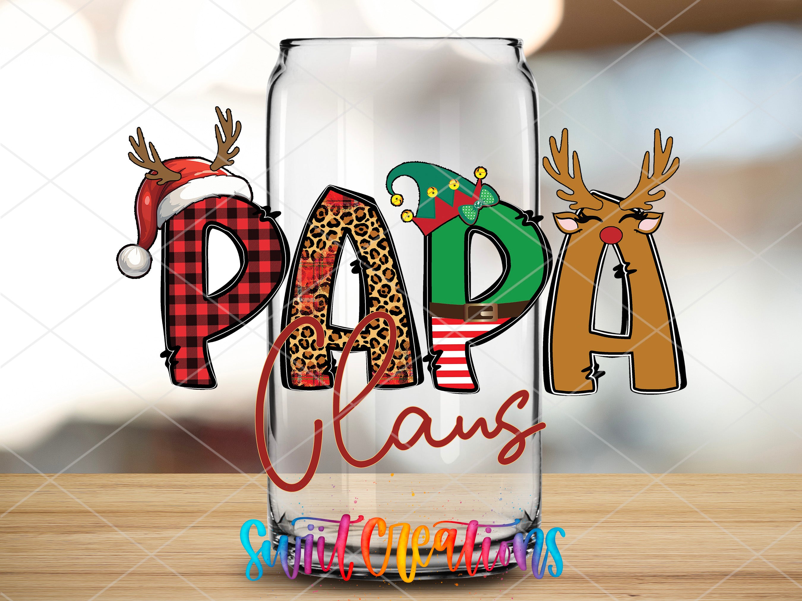 a glass with the word papa claus on it