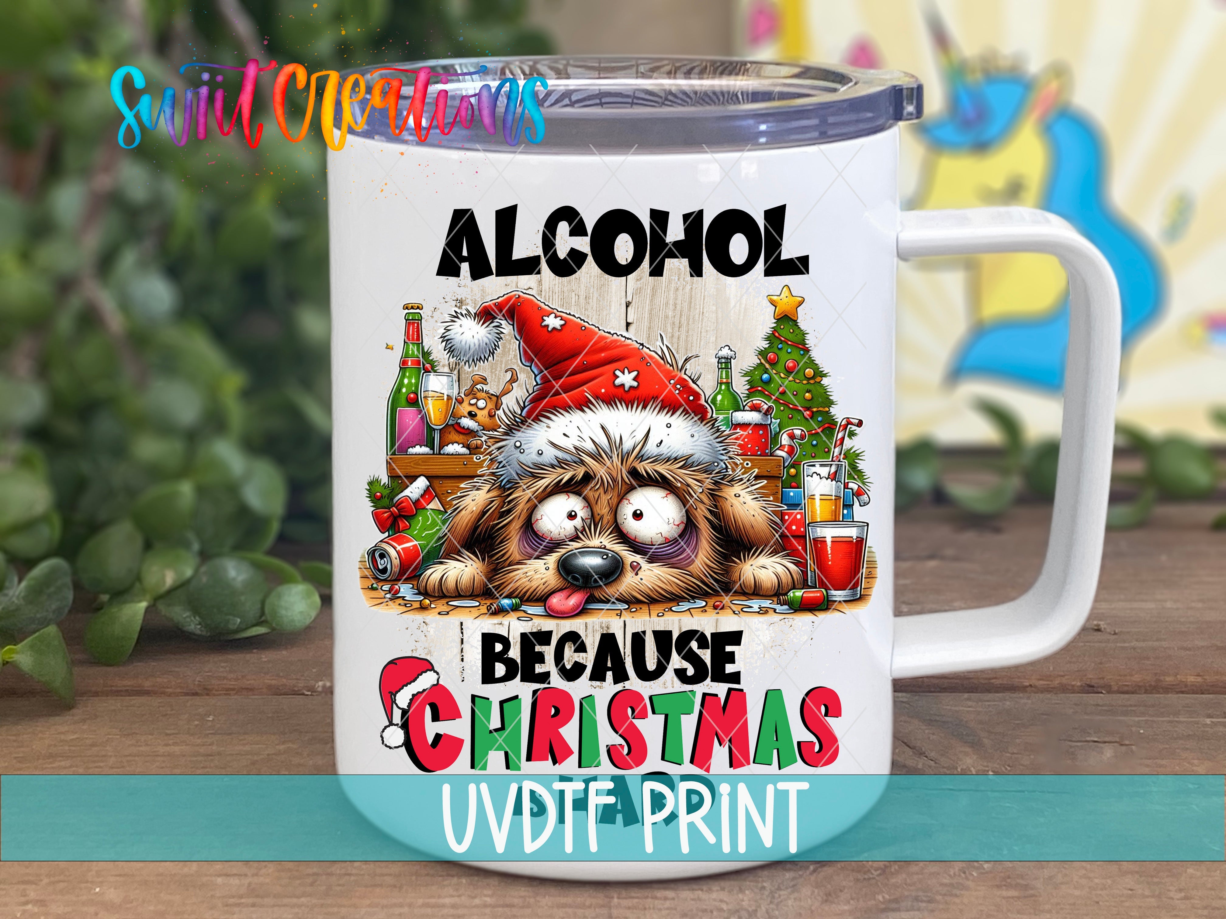 a white coffee mug with an image of a raccoon wearing a santa hat