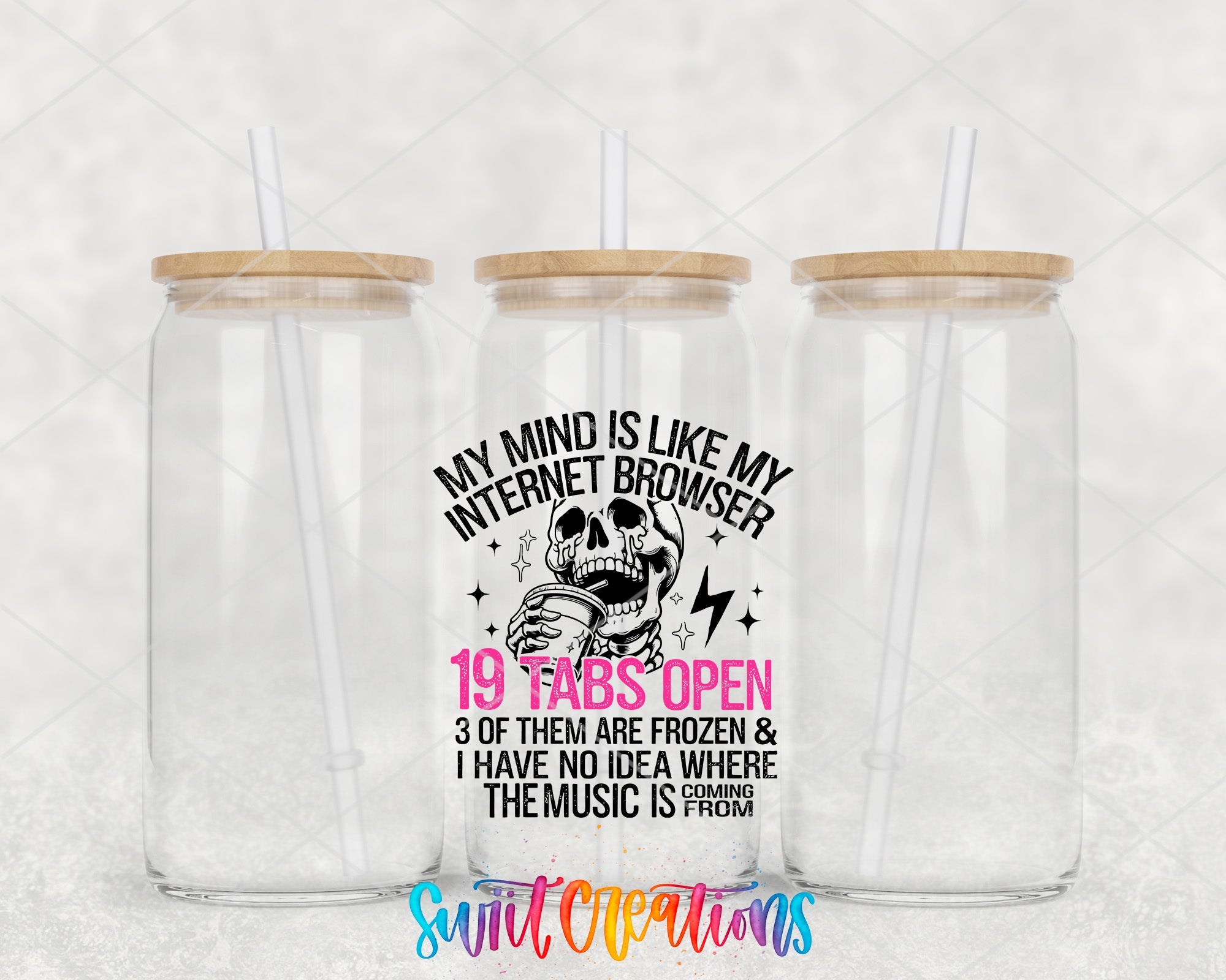 two clear tumblers with a skeleton on the side