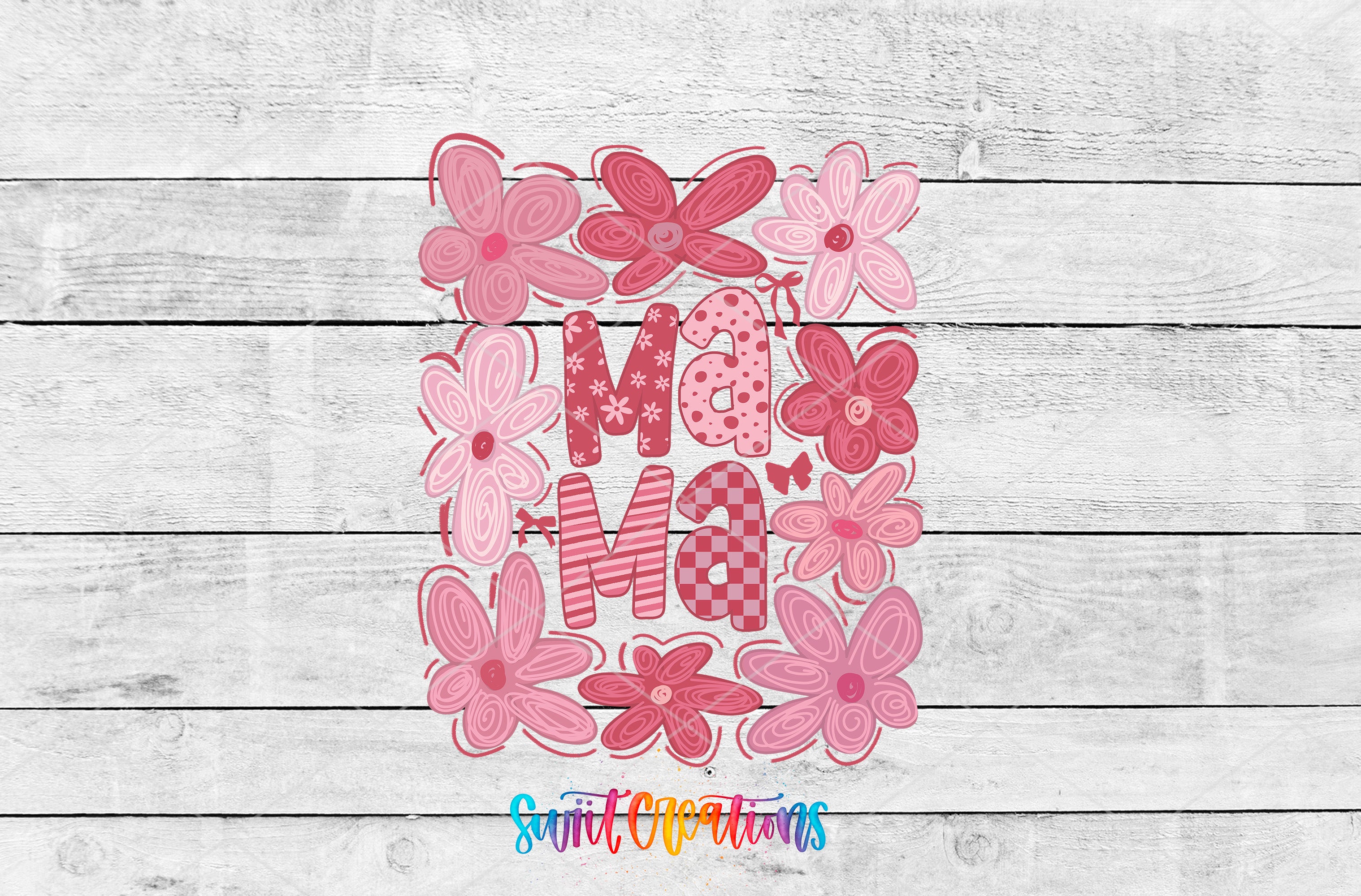 A collage of pink flowers surrounding the text "Mama" in a playful and colorful design.