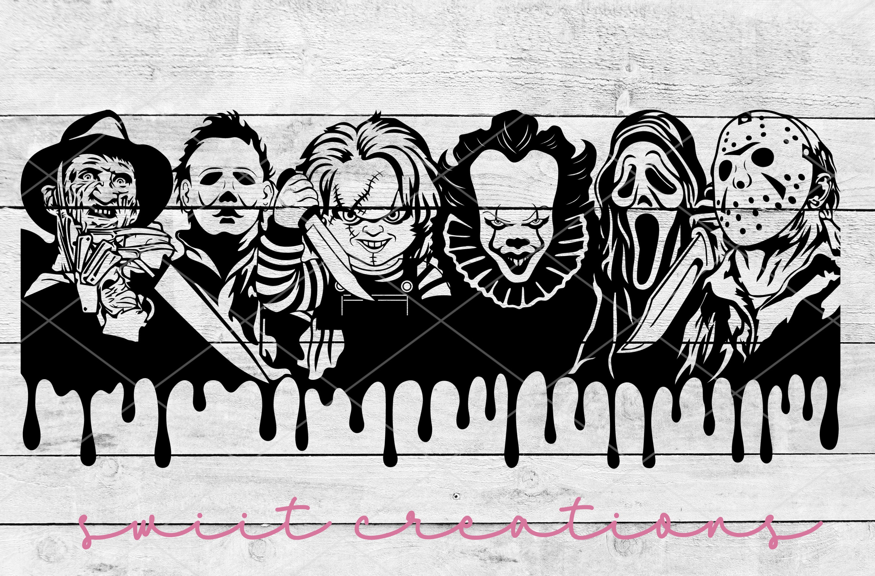 a group of people with masks on a wooden wall