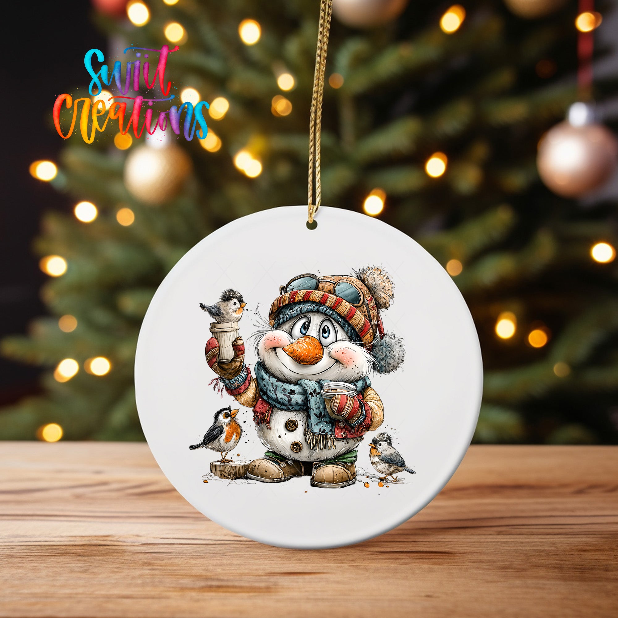 A white ornament featuring a snowman character surrounded by birds, with a Christmas tree in the background.