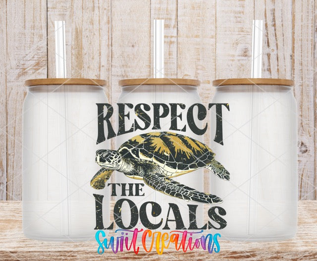 a white canister with the words respect the locals and a turtle on it