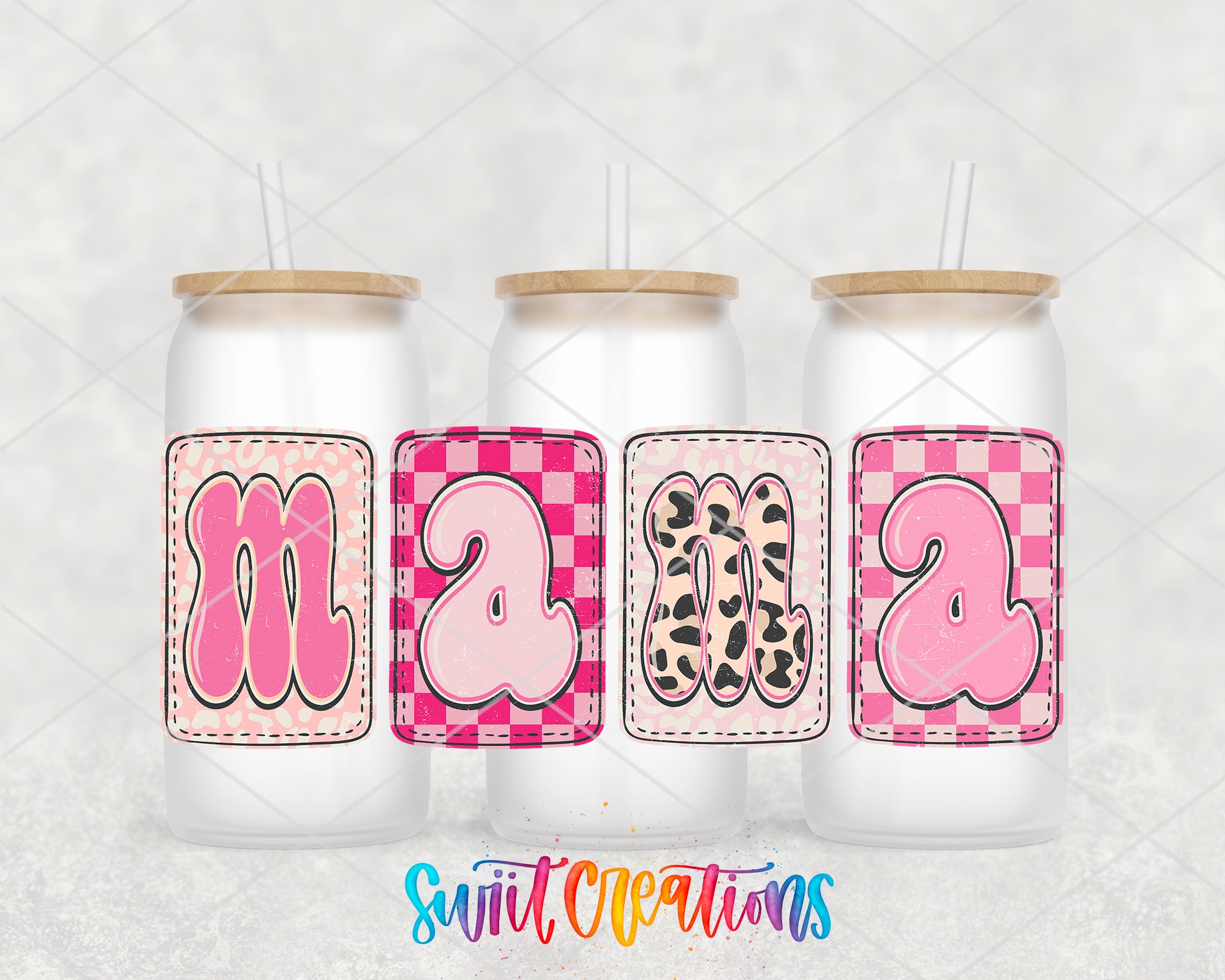 three personalized mason jars with pink and black designs