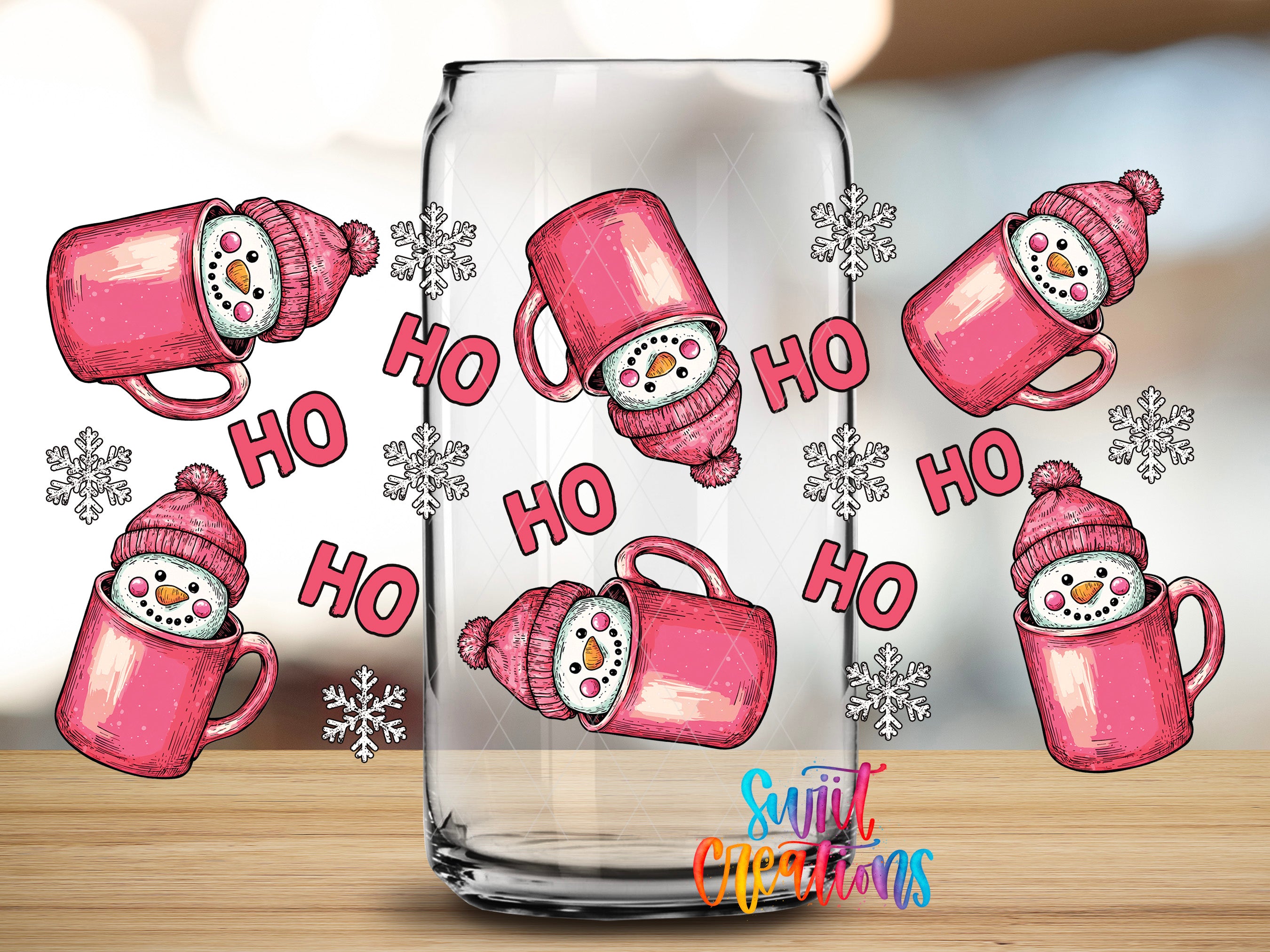a collection of pink mugs with snowmen and snowflakes, along with the text "HO HO HO" written in pink.