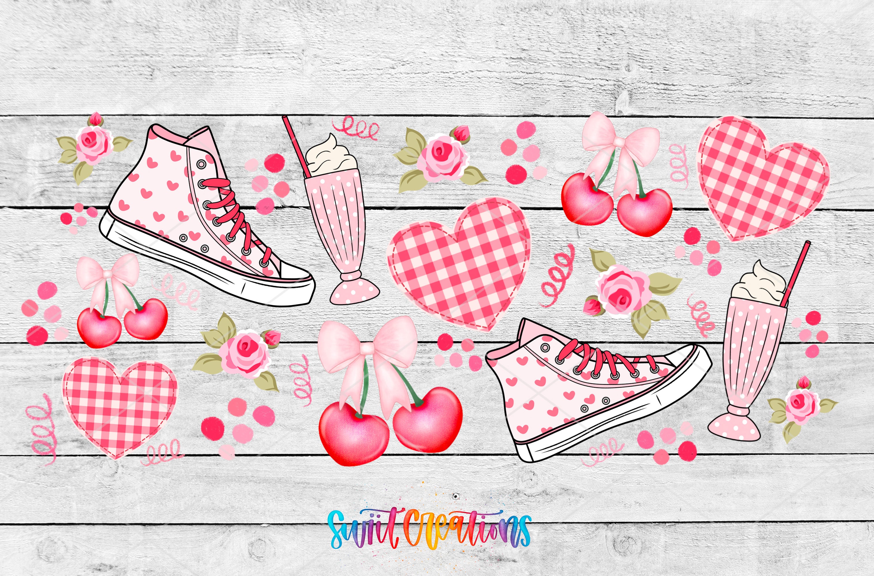 a pair of sneakers and cherries on a wooden background